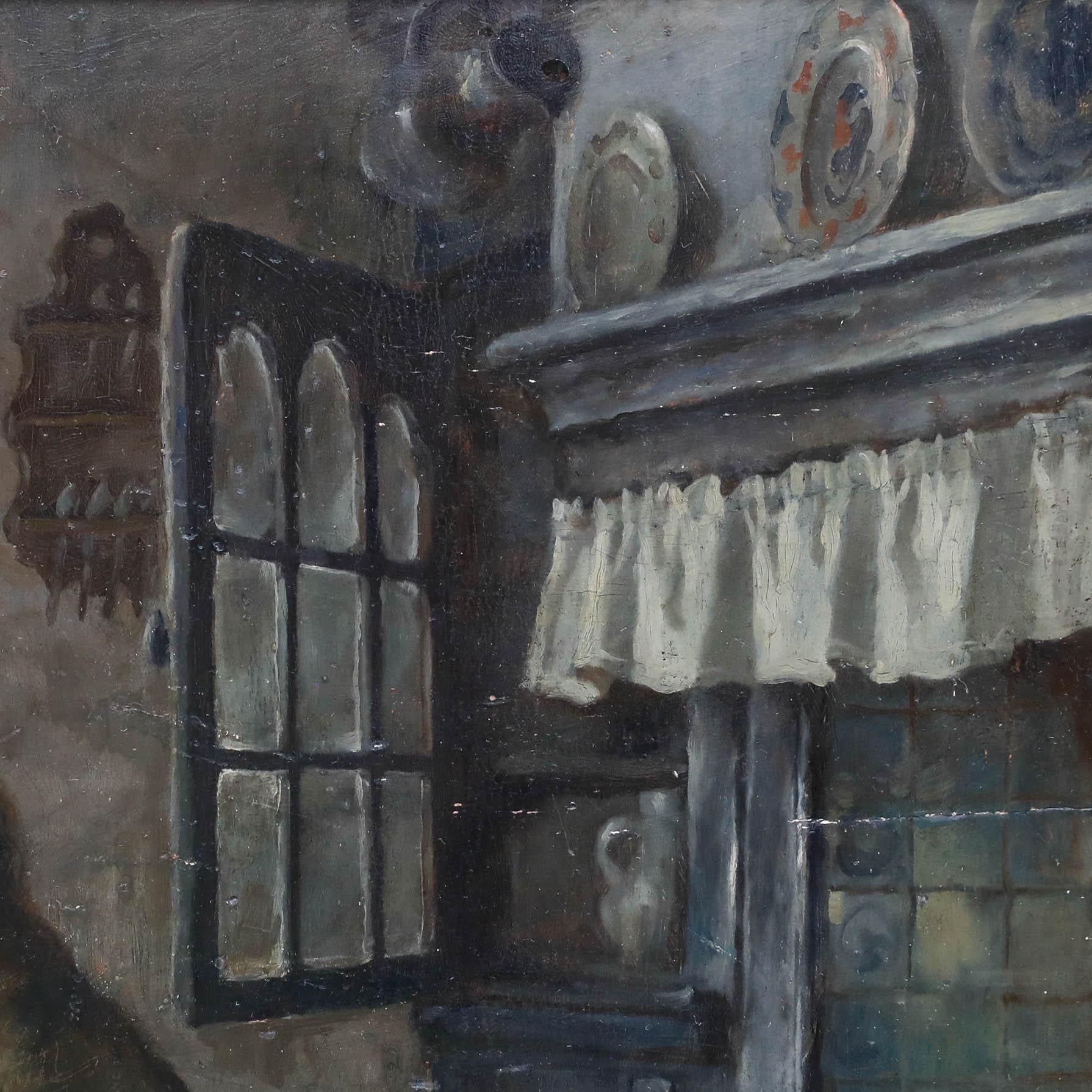 Encantadora escena de género de principios del siglo XX que representa a un grupo de caballeros del siglo XVII reunidos en torno a una mesa de cocina, enfrascados en una discusión. Pintada según la tradición holandesa, la obra es rica en deliciosos