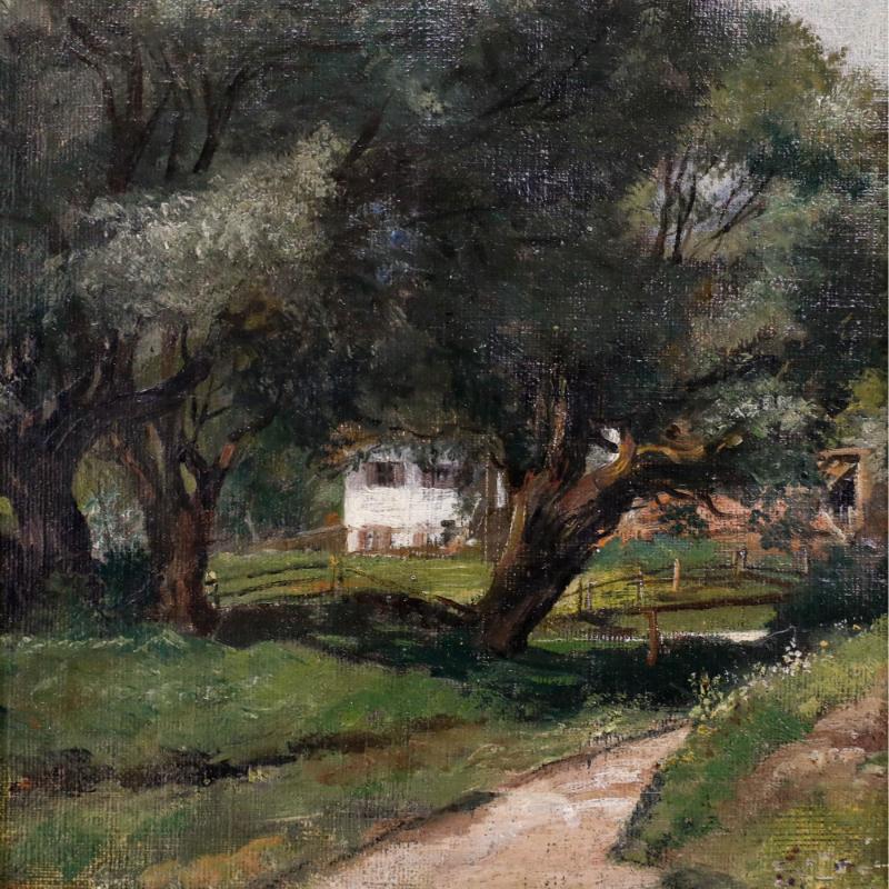 Des arbres surplombent un petit sentier qui serpente autour d'un coin et disparaît de la vue dans cette scène de campagne pittoresque. Présenté dans un cadre noir avec un bord intérieur doré. Non signée. Sur toile marouflée sur carton.
