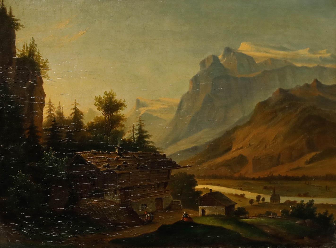 Early 20th Century Oil - Alpine Village - Painting by Unknown