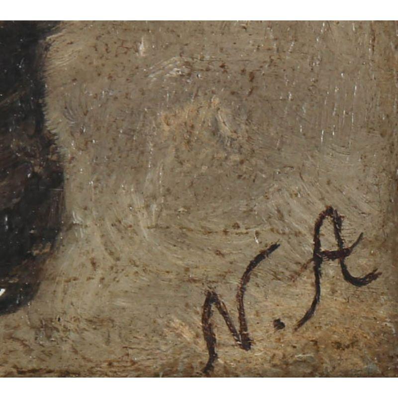A charming scene depicting two little boys in deep conversation. On boy hooks his arm around the other's shoulder, appearing to give the boy some strict instructions. Signed 'N. A' to the lower right. On panel. 