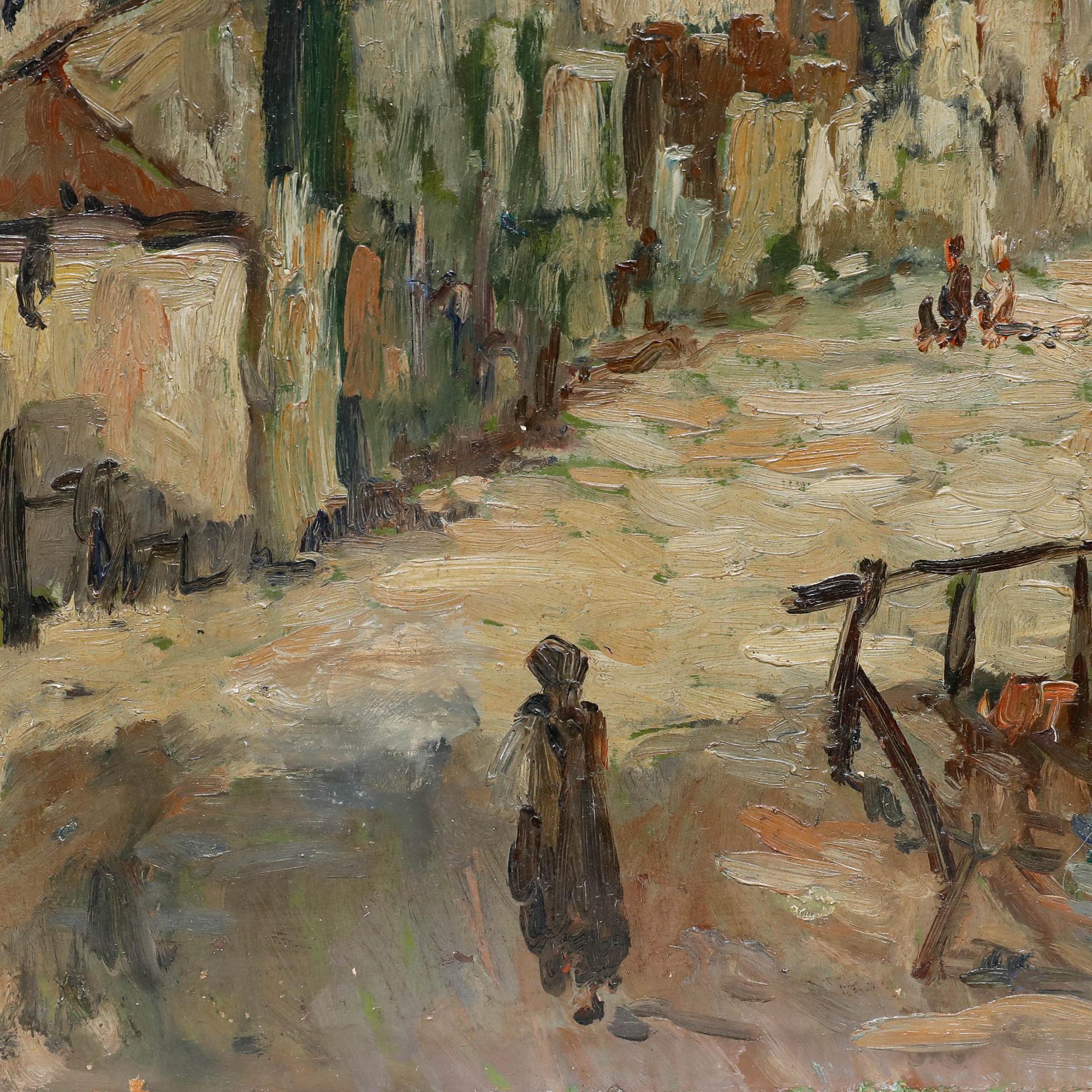 Eine malerische Straßenszene mit Bergen dahinter, eingefangen in gedämpften, erdigen Tönen und impressionistischer Pinselführung. Nicht signiert. An Bord.