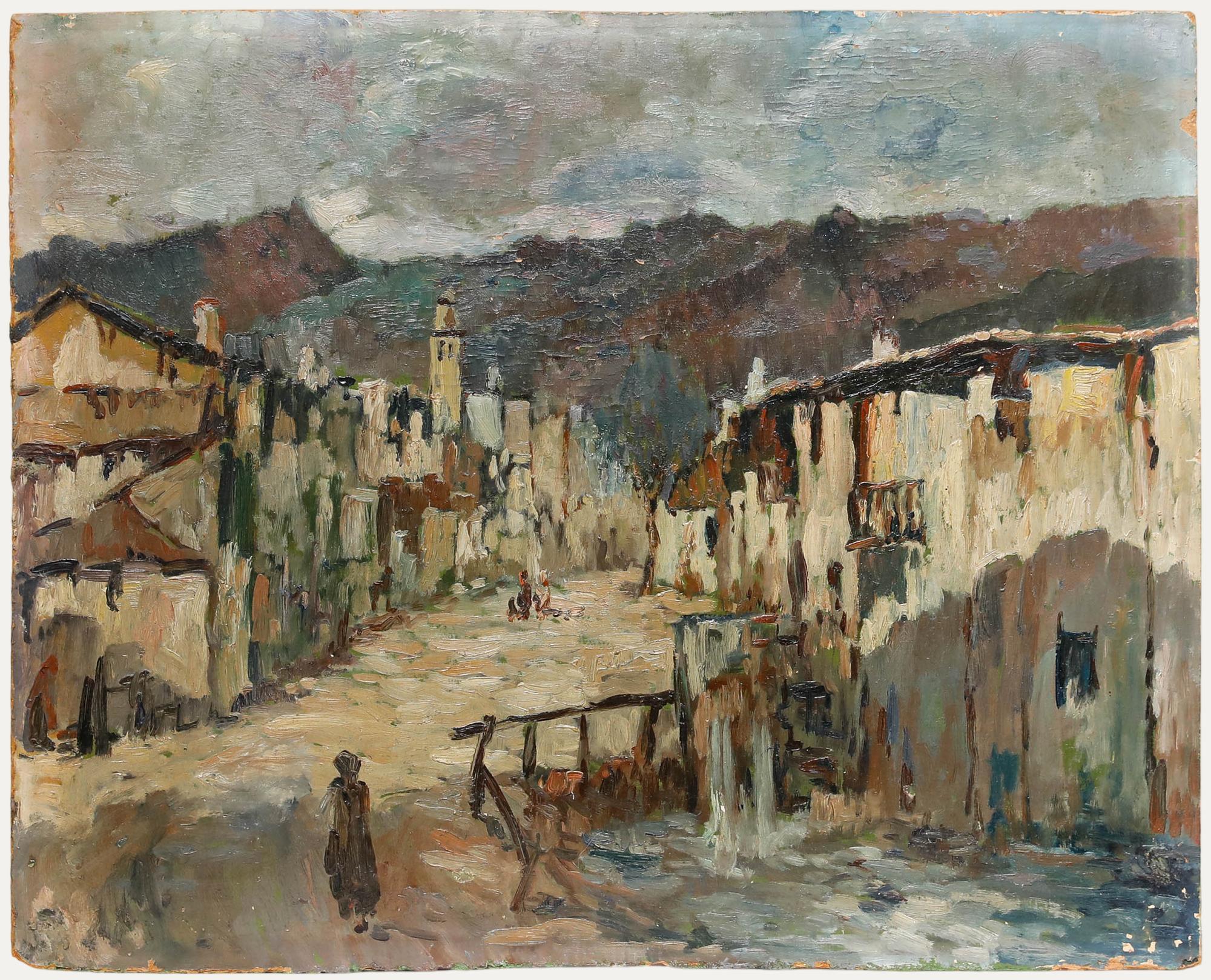 Unknown Landscape Painting – Öl des frühen 20. Jahrhunderts - Eine bedeckte Straße