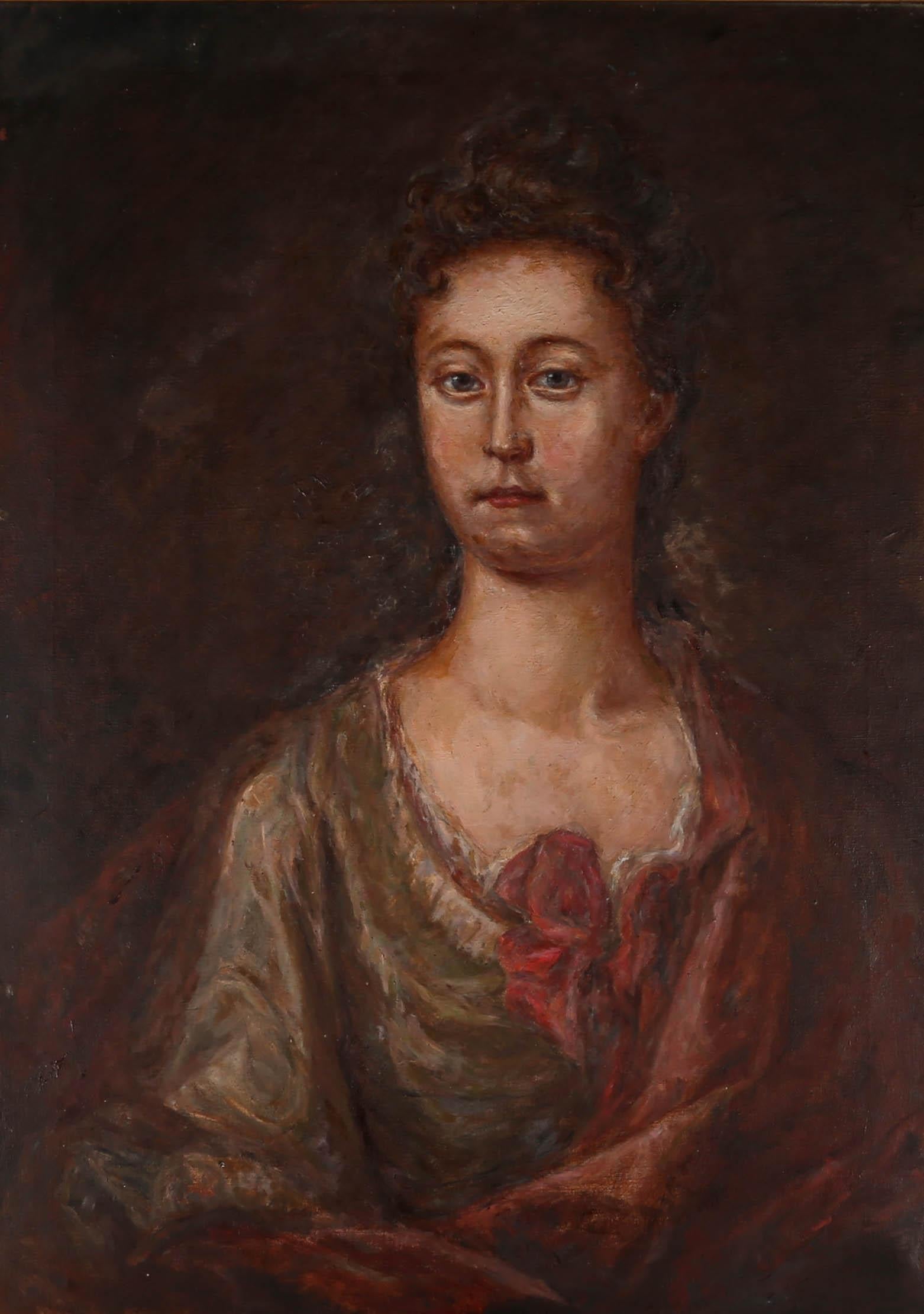 A fine early 20th Century copy of the original portrait (by an unknown artist) of Ann Heron (nee Vining). The sitter is a solemn young woman in a white dress and red cloak. The painting is unsigned and presented in a 20th Century gilt effect frame.