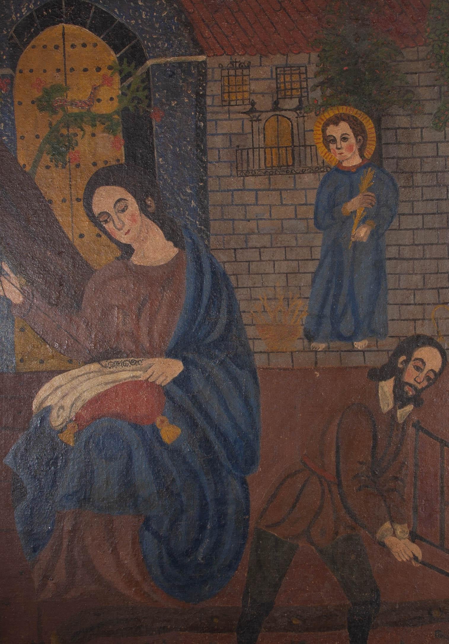 A truly unique piece, this large, early 20th Century fresco style oil has exquisite naive charm. The scene shows the Annunciation with Angel Gabriel, bringing a martyrs palm to Mary as she and Joseph sew and toil the land. The painting has nods to