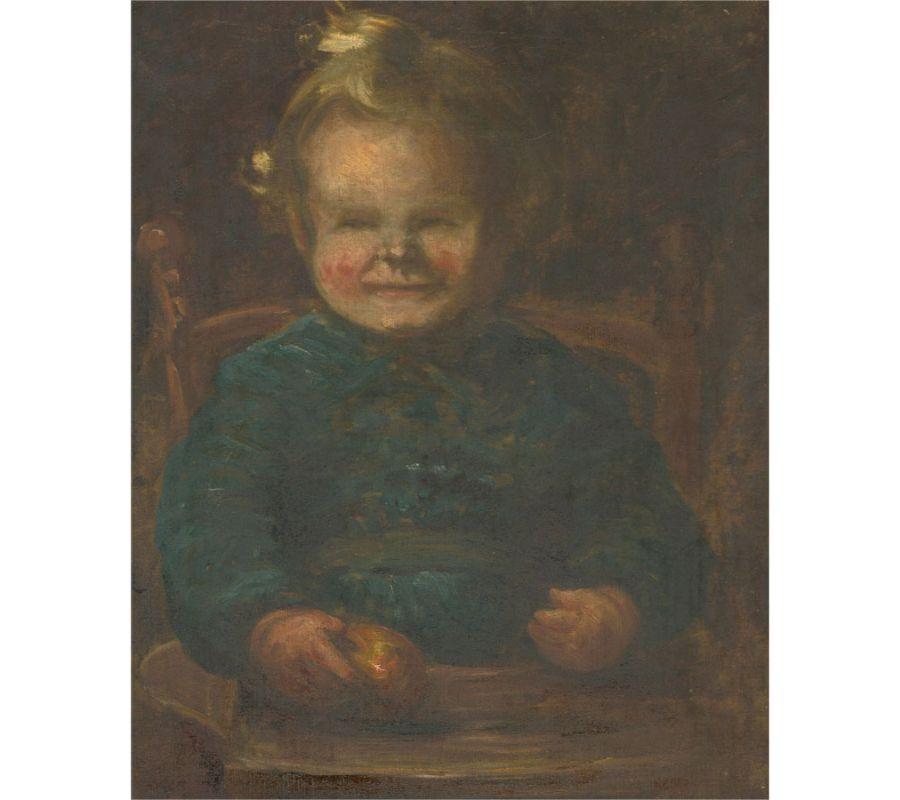 Unknown Portrait Painting - Early 20th Century Oil - Baby With Apple