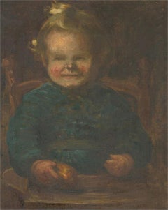 Vintage Early 20th Century Oil - Baby With Apple
