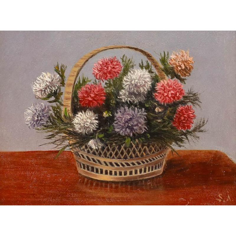 Huile sur toile du début du 20e siècle - Panier de chrysanthèmes - Painting de Unknown