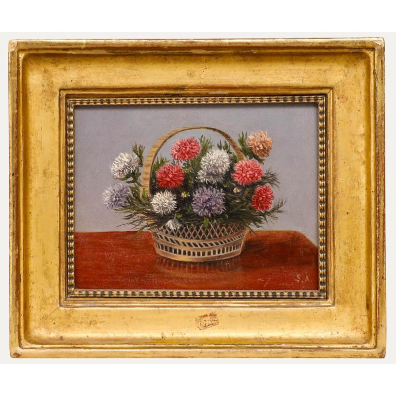 Huile sur toile du début du 20e siècle - Panier de chrysanthèmes