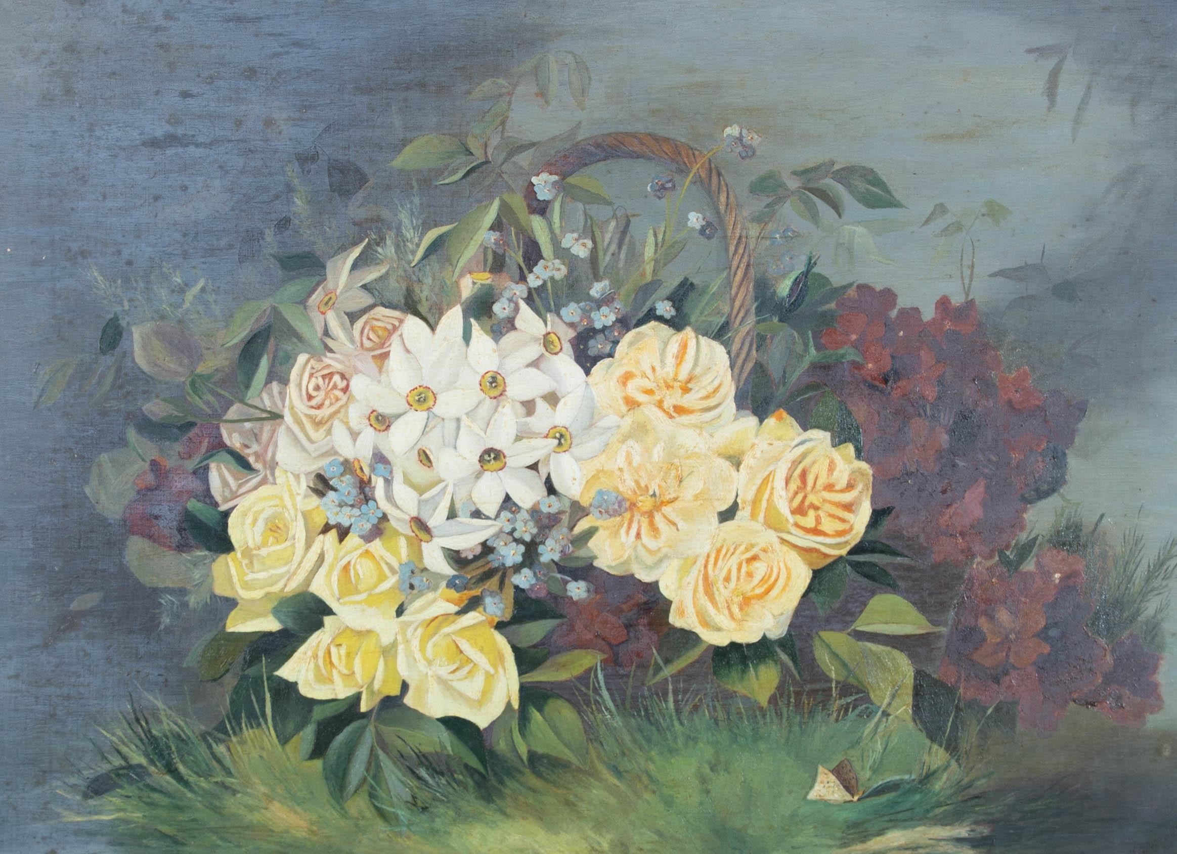 Peinture à l'huile du début du XXe siècle - Panier de fleurs - Painting de Unknown