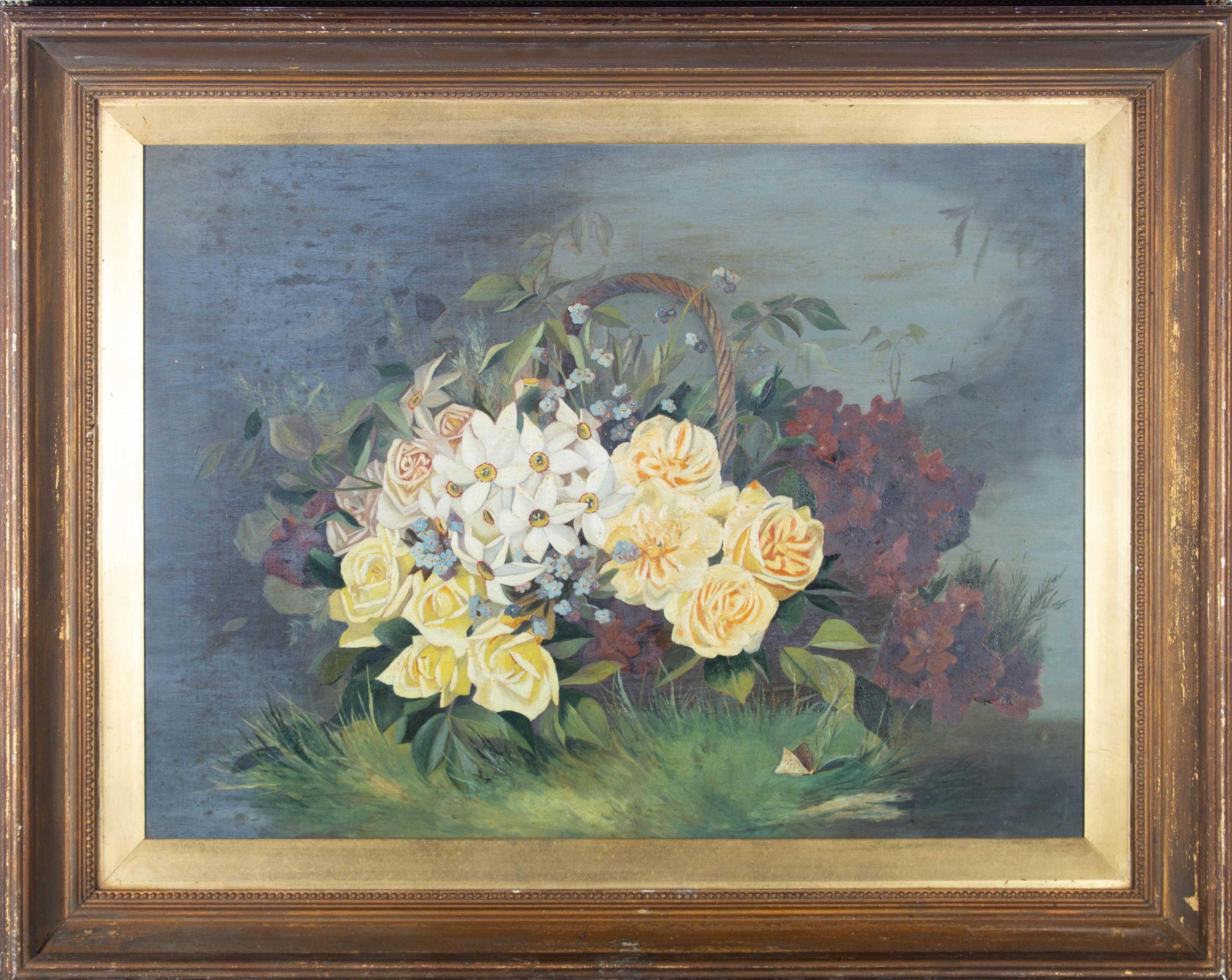Still-Life Painting Unknown - Peinture à l'huile du début du XXe siècle - Panier de fleurs