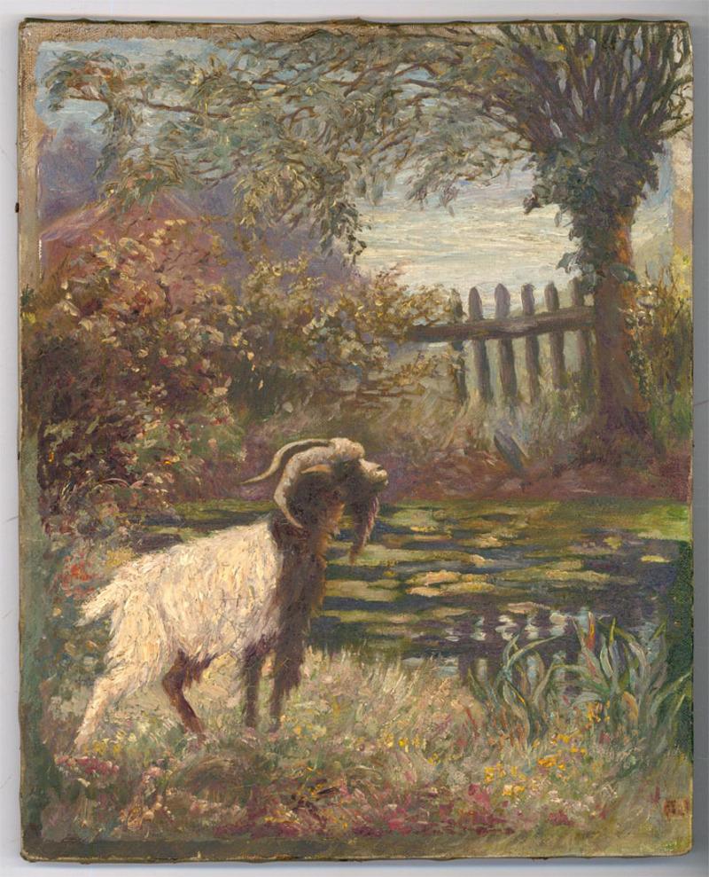 This delightful oil study depicts a rugged Billy Goat standing on the edge of a pond filled with lily pads. The artist captures the scene using an impressionist style and impasto technique, creating a textured, charismatic composition. Unsigned. On
