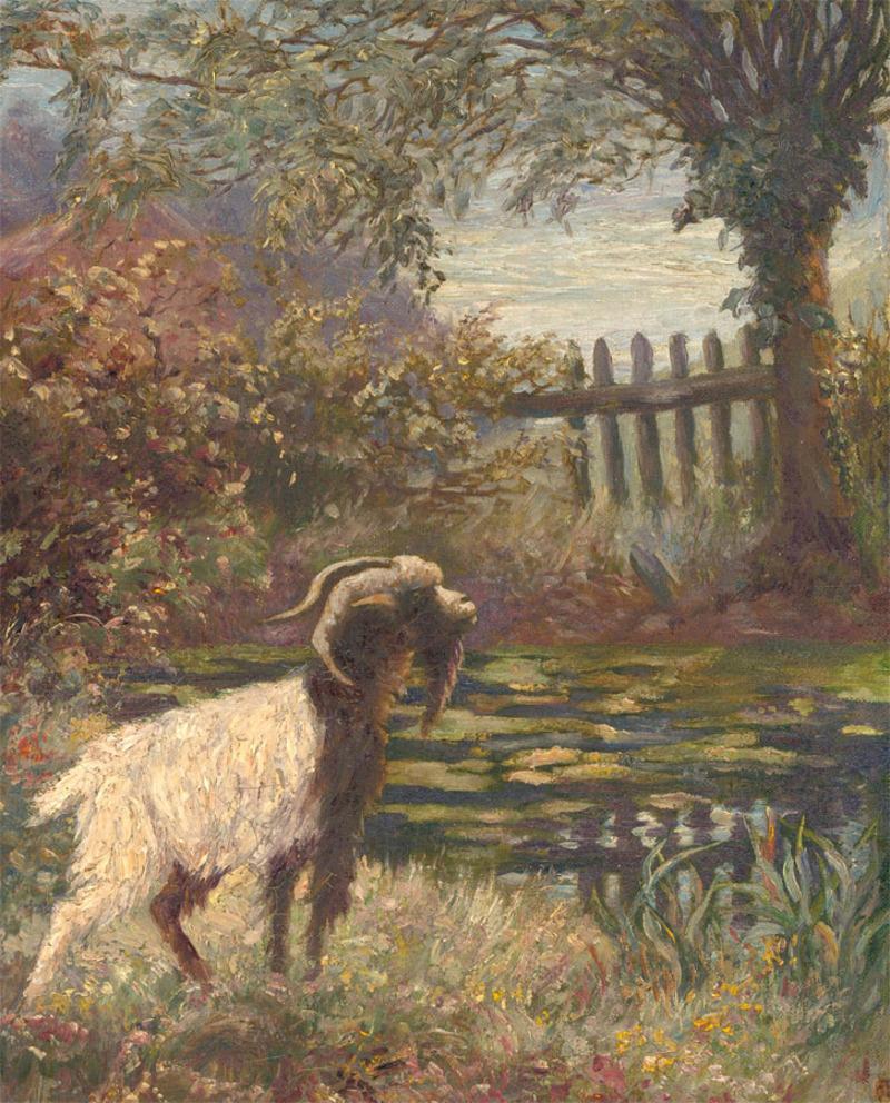 Unknown Animal Painting - Early 20th Century Oil - Billy Goat By The Pond
