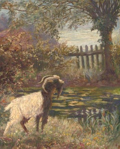 Antique Early 20th Century Oil - Billy Goat By The Pond