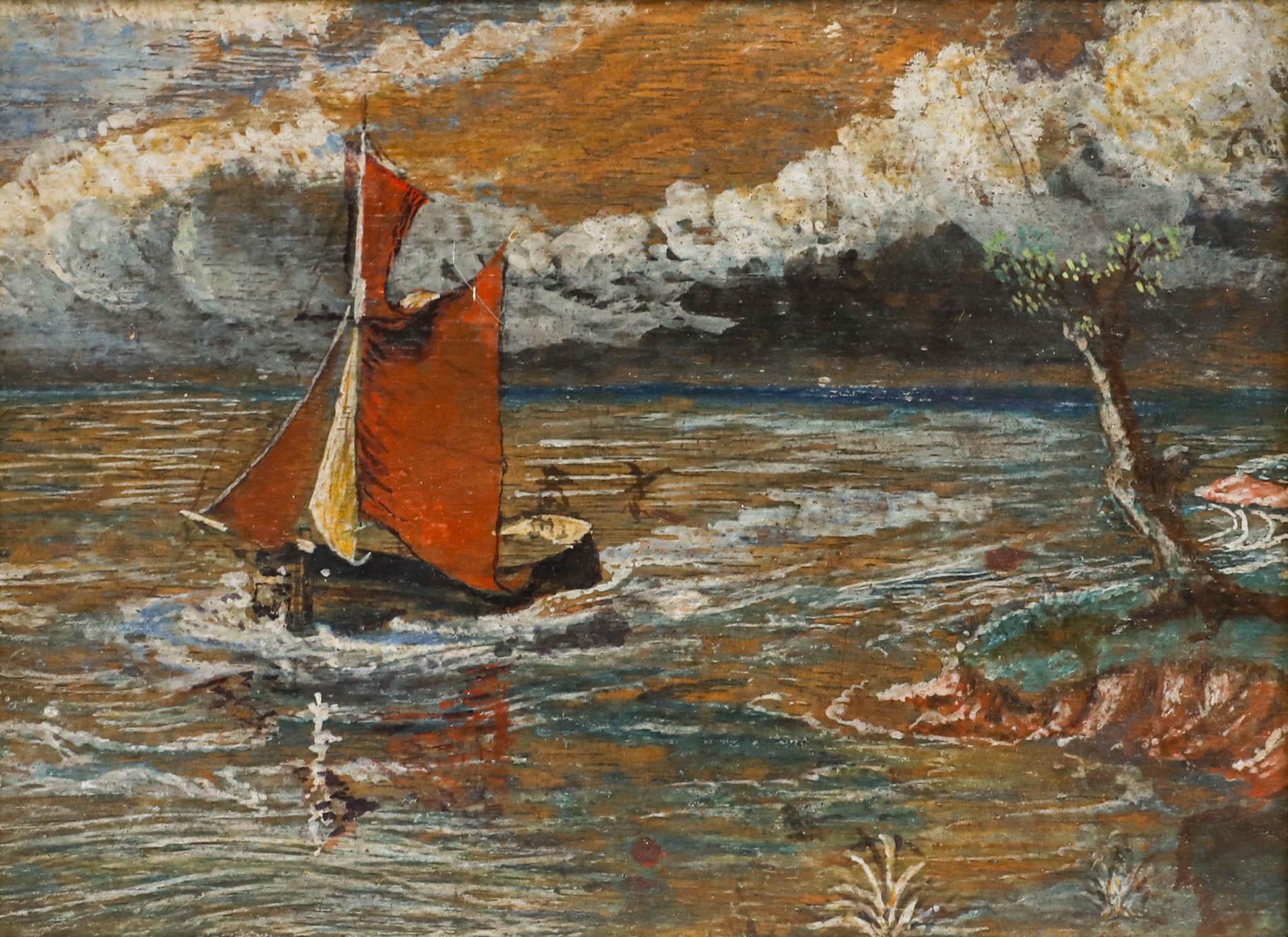 Early 20th Century Oil - Boat with Red Sails - Painting by Unknown