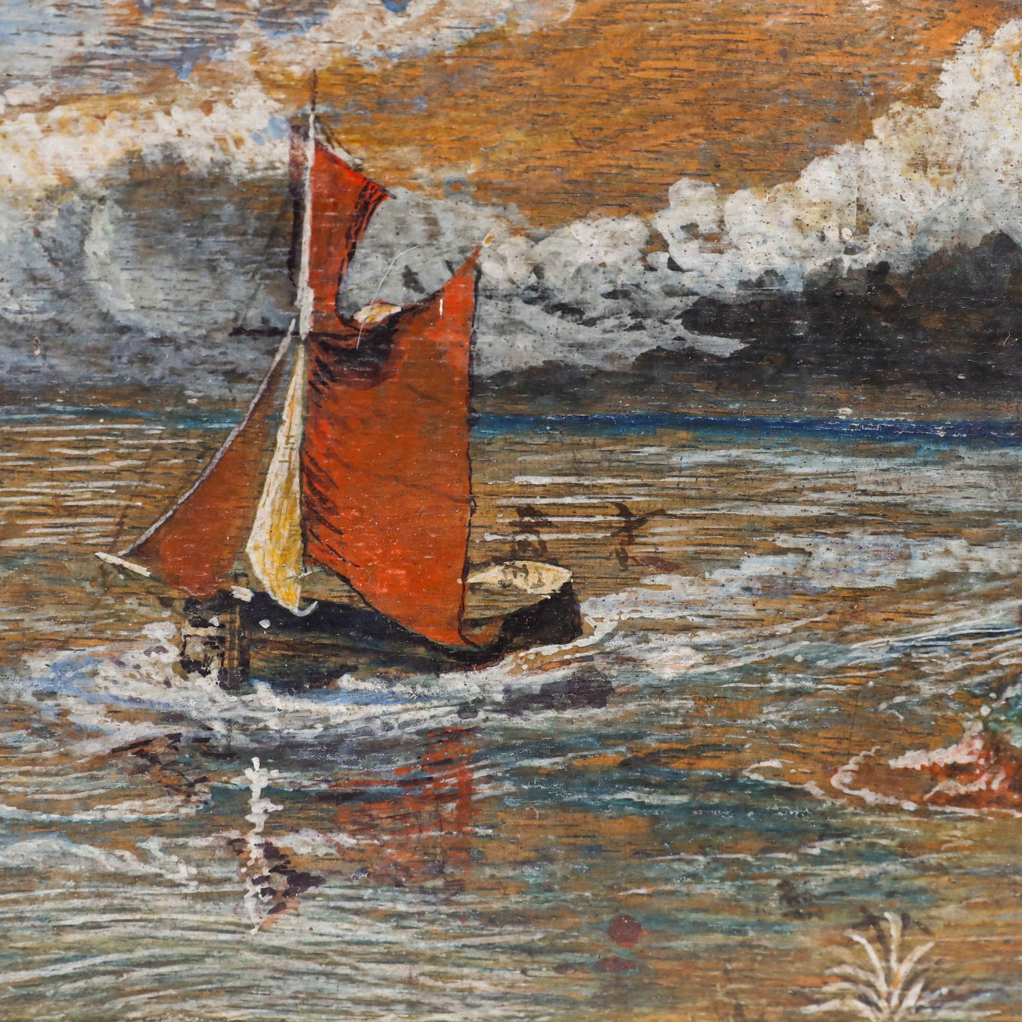 This early 20th-century oil painting captures the charm of a small boat with vibrant red sails, possibly of Japanese origin. The artist's exceptional brushwork is the defining feature of this piece, particularly evident in the uniquely stylised