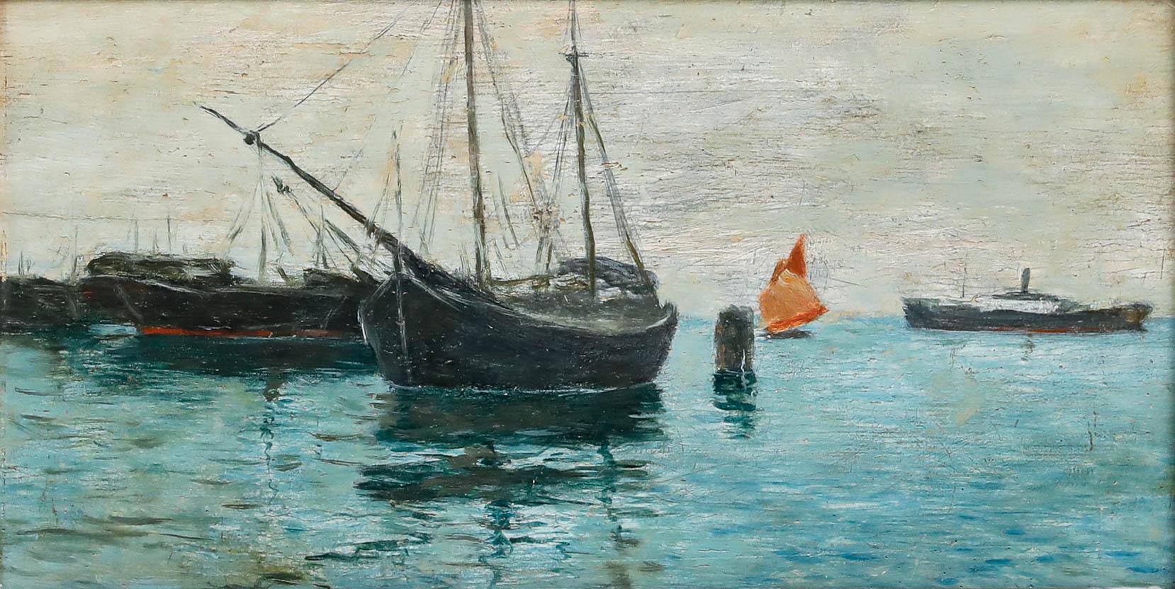 Huile du début du 20e siècle - Botas dans le port - Painting de Unknown