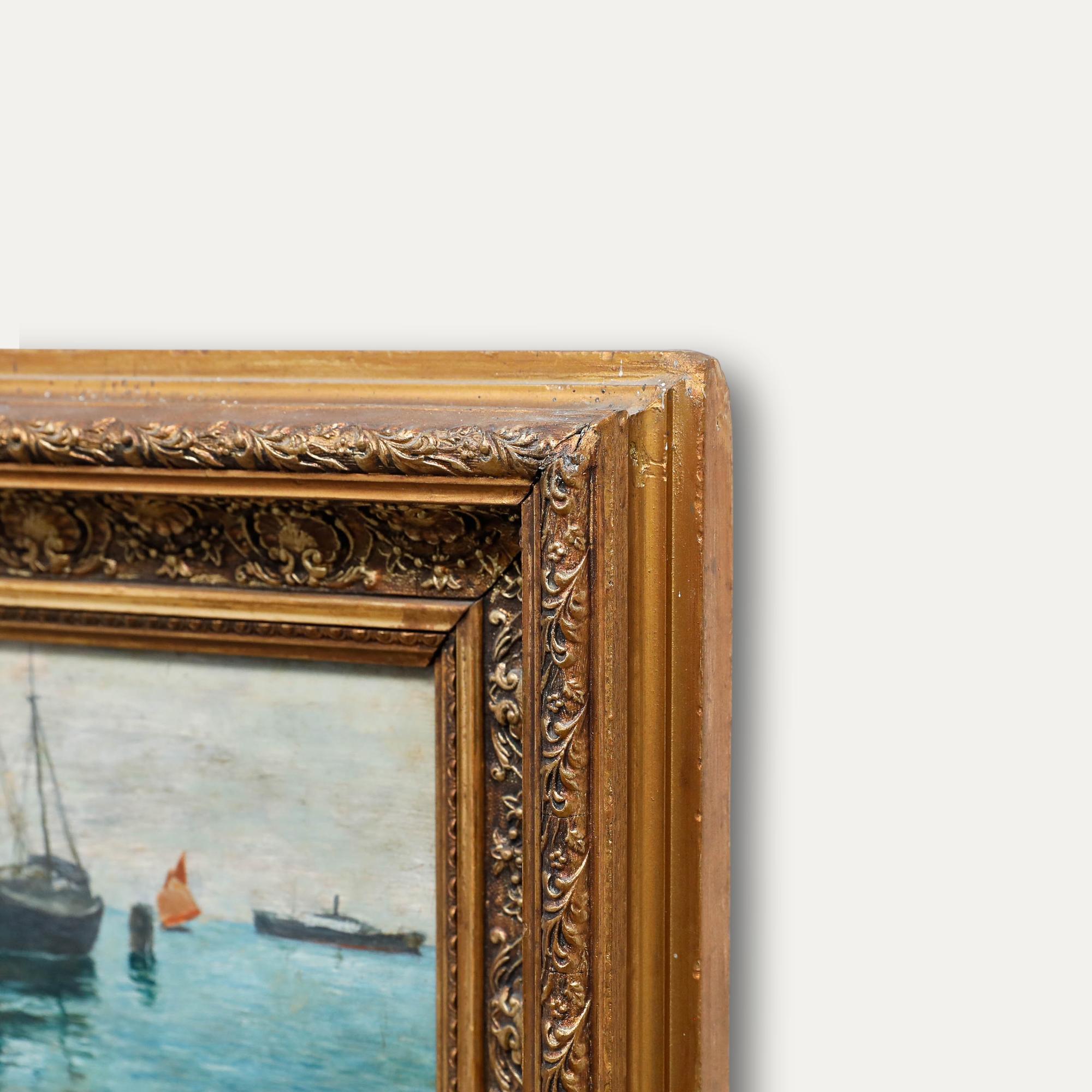 Huile du début du 20e siècle - Botas dans le port en vente 1