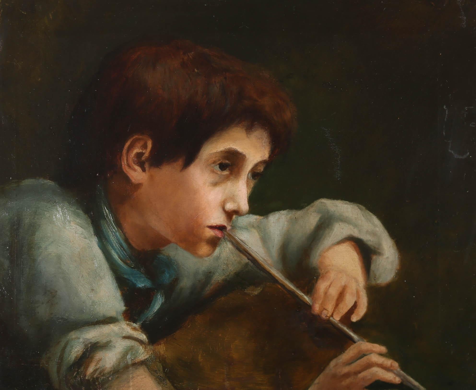 Early 20th Century Oil - Boy With A Tin Whistle - Painting by Unknown