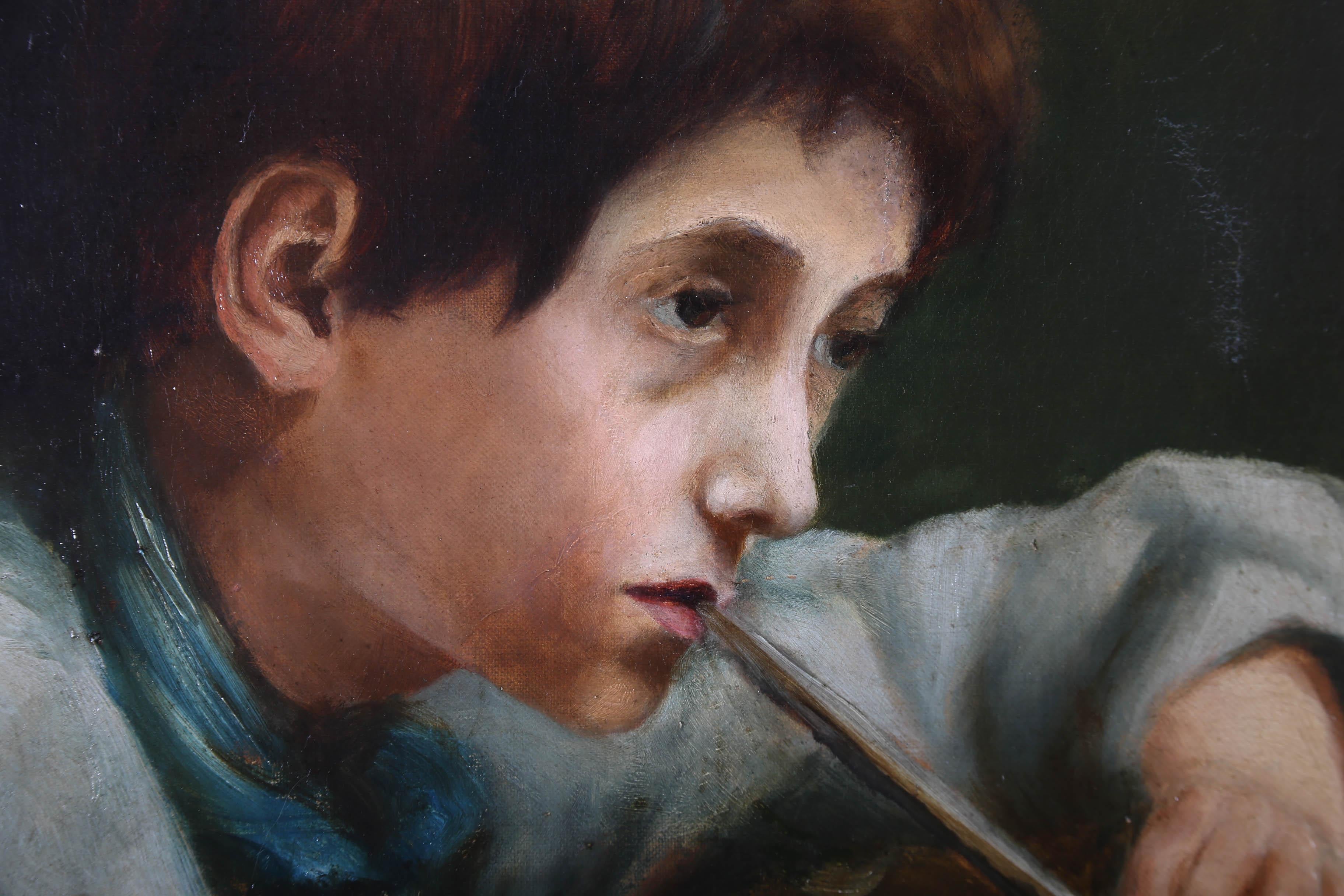 A fine early 20th Century portrait,. showing a young boy playing a tin whistle. The artist has adopted an Italianate style and subject matter to create an atmospheric and eye catching portrait. The painting is unsigned and presented in a 20th