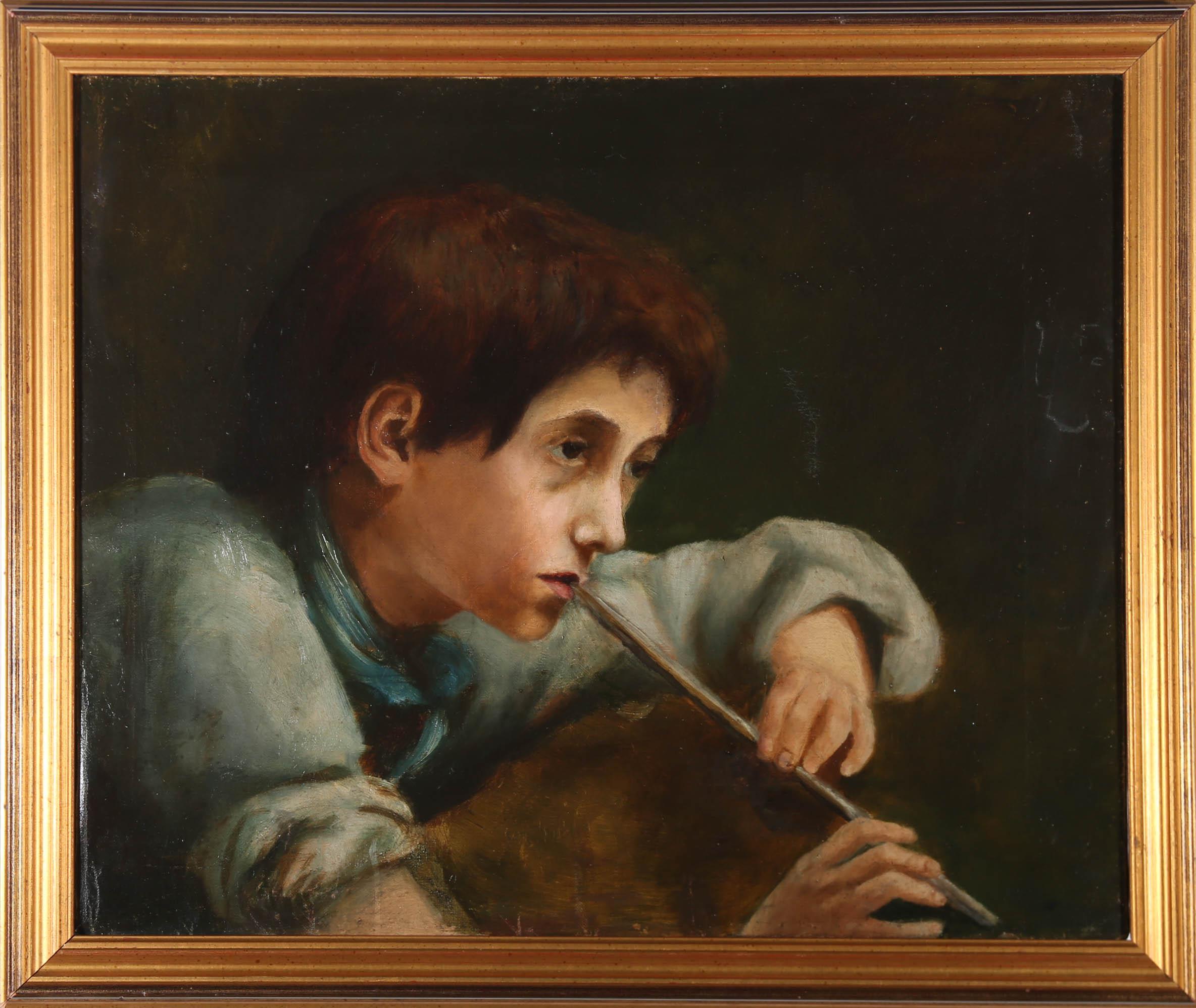 Unknown Portrait Painting - Early 20th Century Oil - Boy With A Tin Whistle