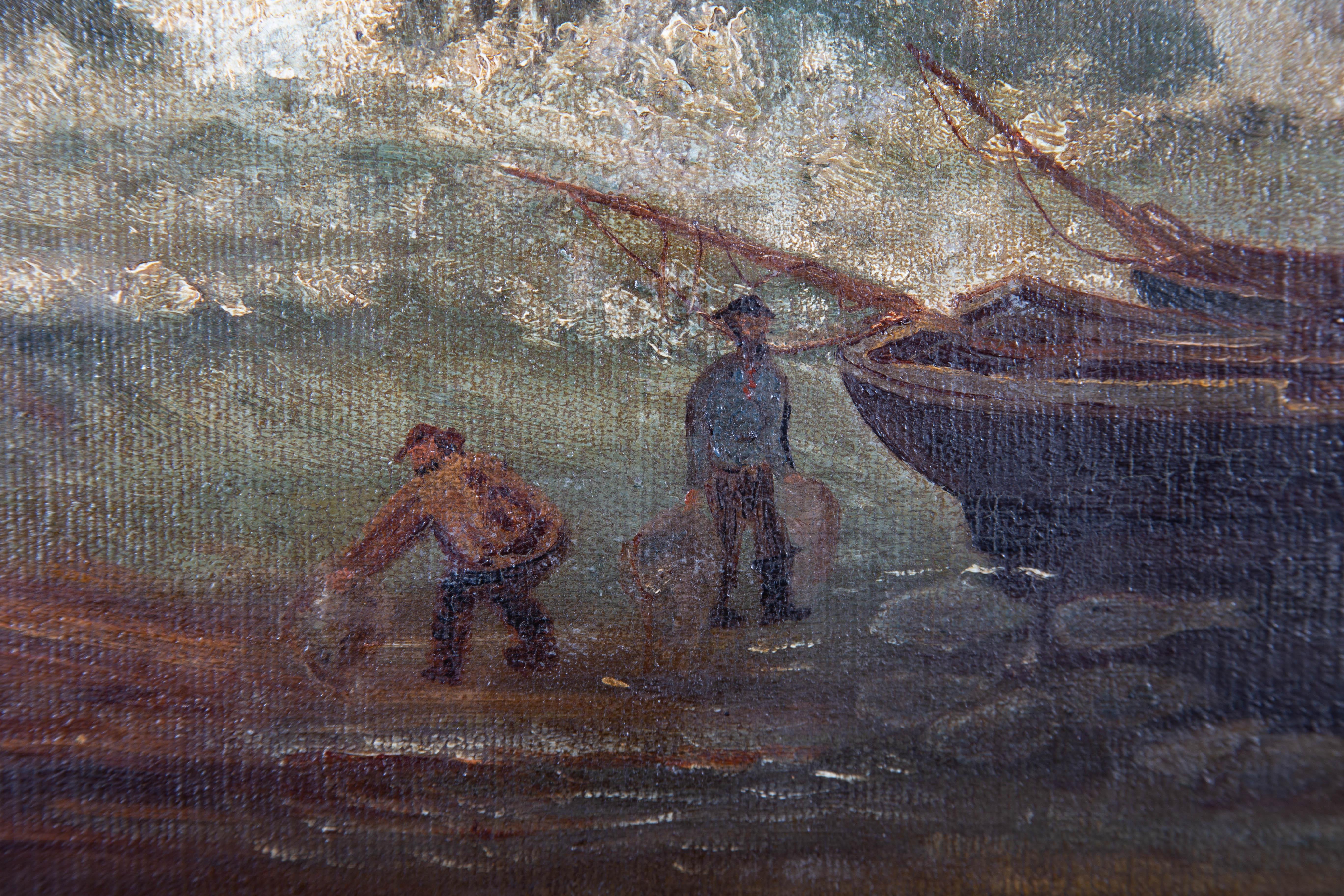 Early 20th Century Oil - Bringing In The Lobster Pots For Sale 1