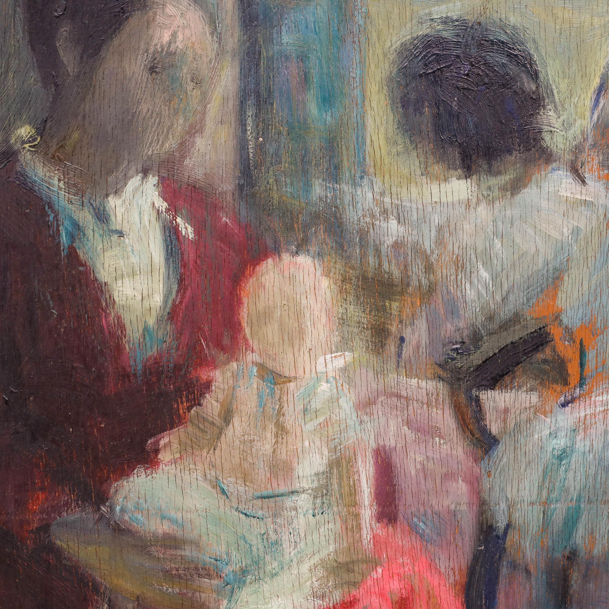 Un sensible estudio impresionista de una escena interior de café protagonizada por una madre y su bebé. La artista ha empleado pinceladas suaves y una paleta de colores apagados para evocar una sensación de intimidad y ternura. Sin firmar.
