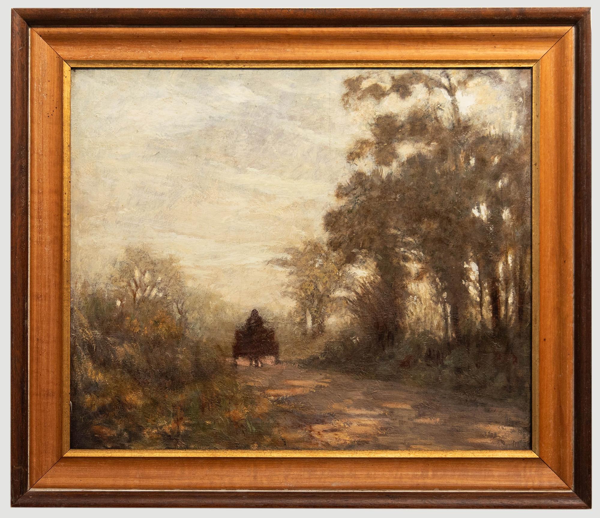 Landscape Painting di Unknown - Olio dei primi del Novecento - Carrello sul sentiero del bosco