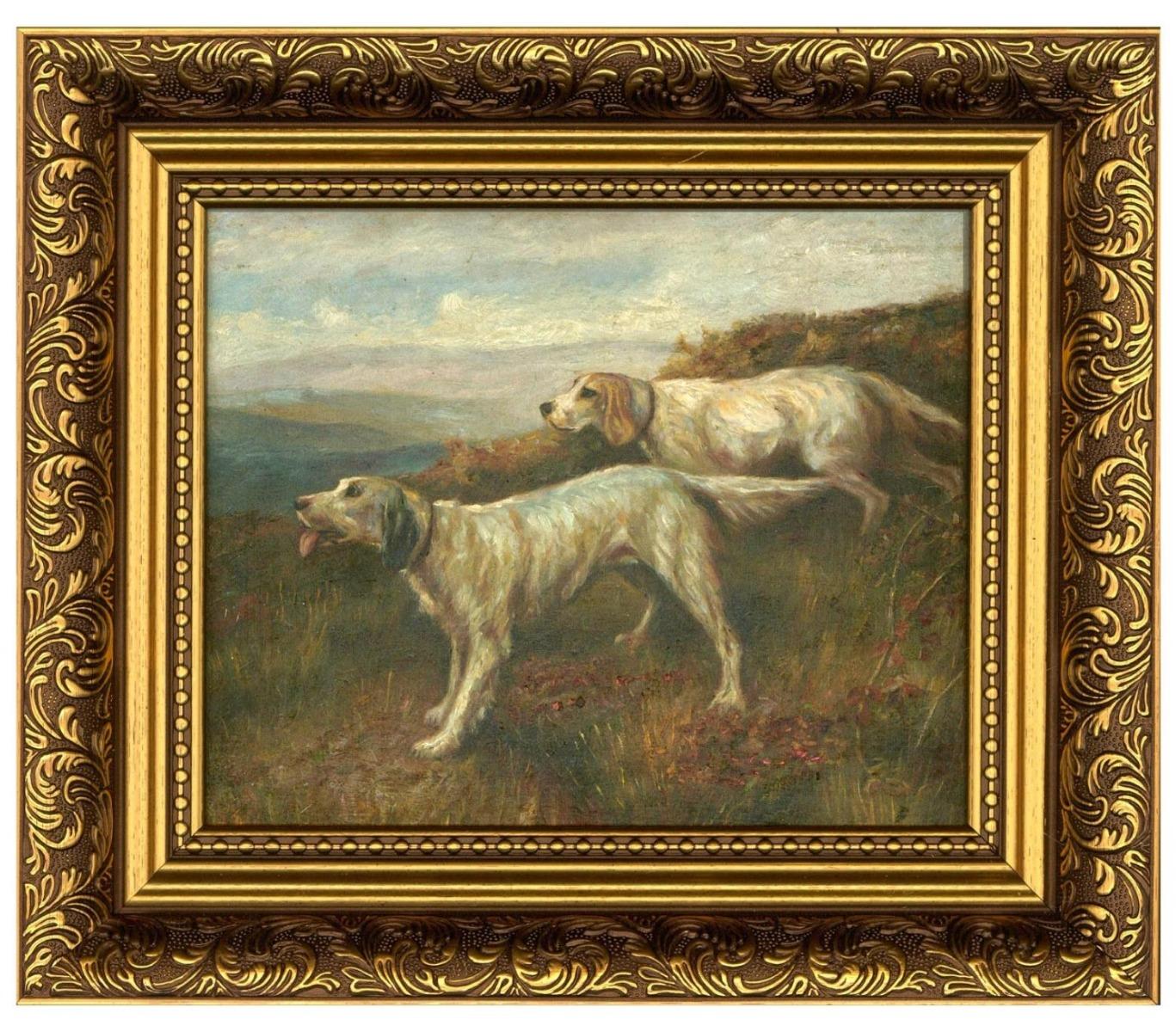 Un affascinante olio dell'inizio del XX secolo che mostra una coppia di setter inglesi che cattura l'odore della preda nei venti dell'altopiano. L'artista ha catturato un momento al limite dell'azione, pochi secondi prima che i cani si scatenino in