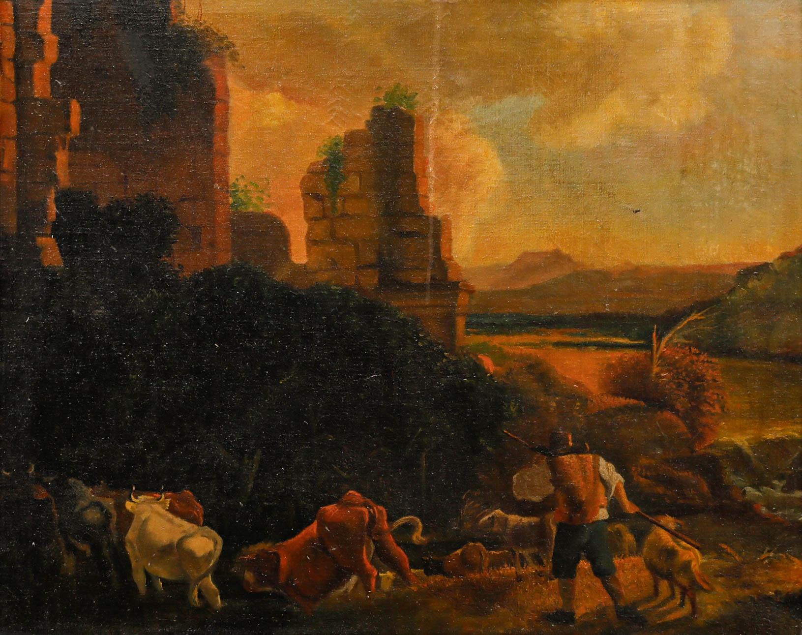 Huile du début du 20e siècle - Bétail devant les ruines d'un château - Painting de Unknown