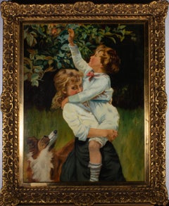 Antique Early 20th Century Oil - Children Picking Apples