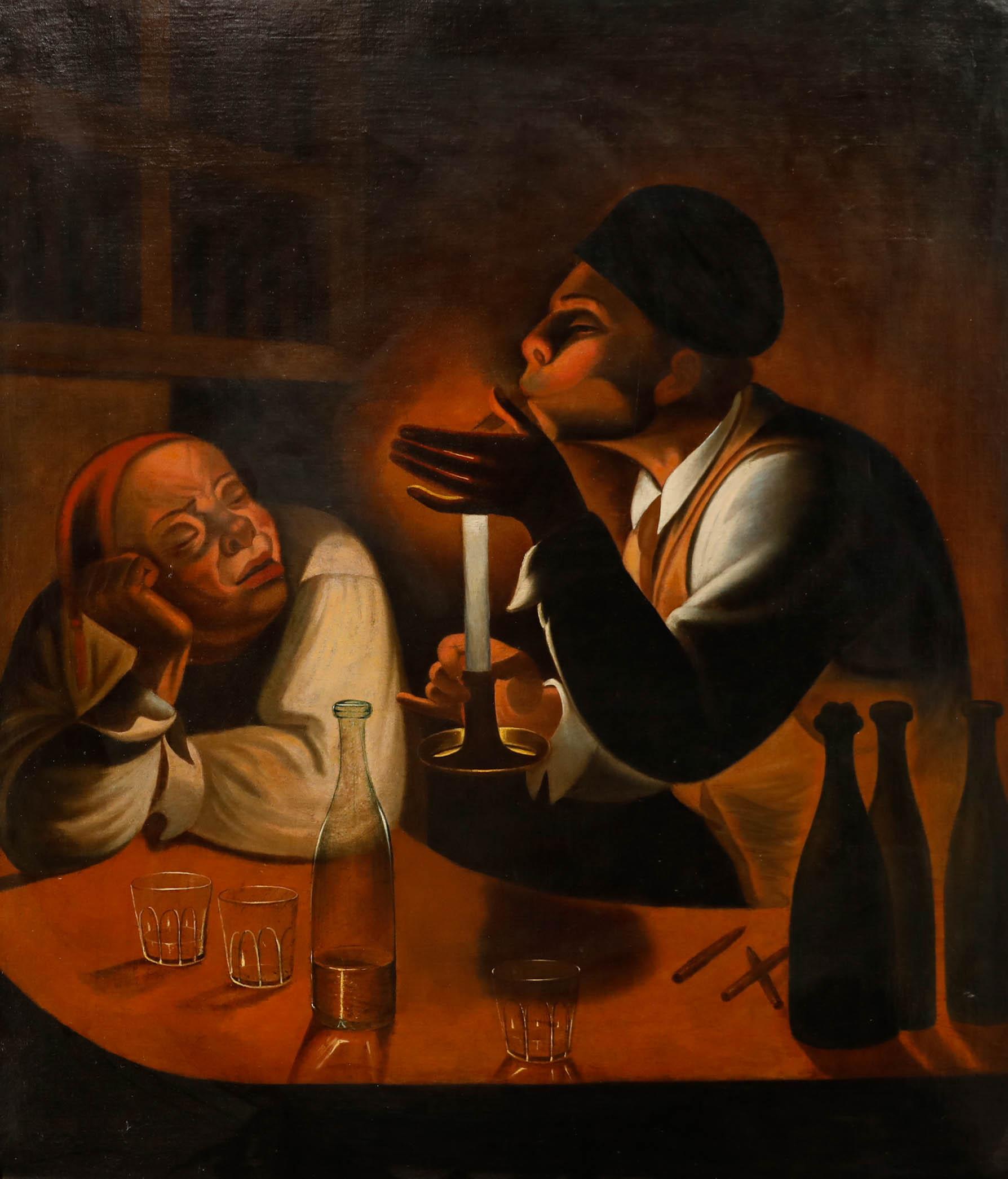 Olio del primo Novecento - Sigari a lume di candela - Painting di Unknown