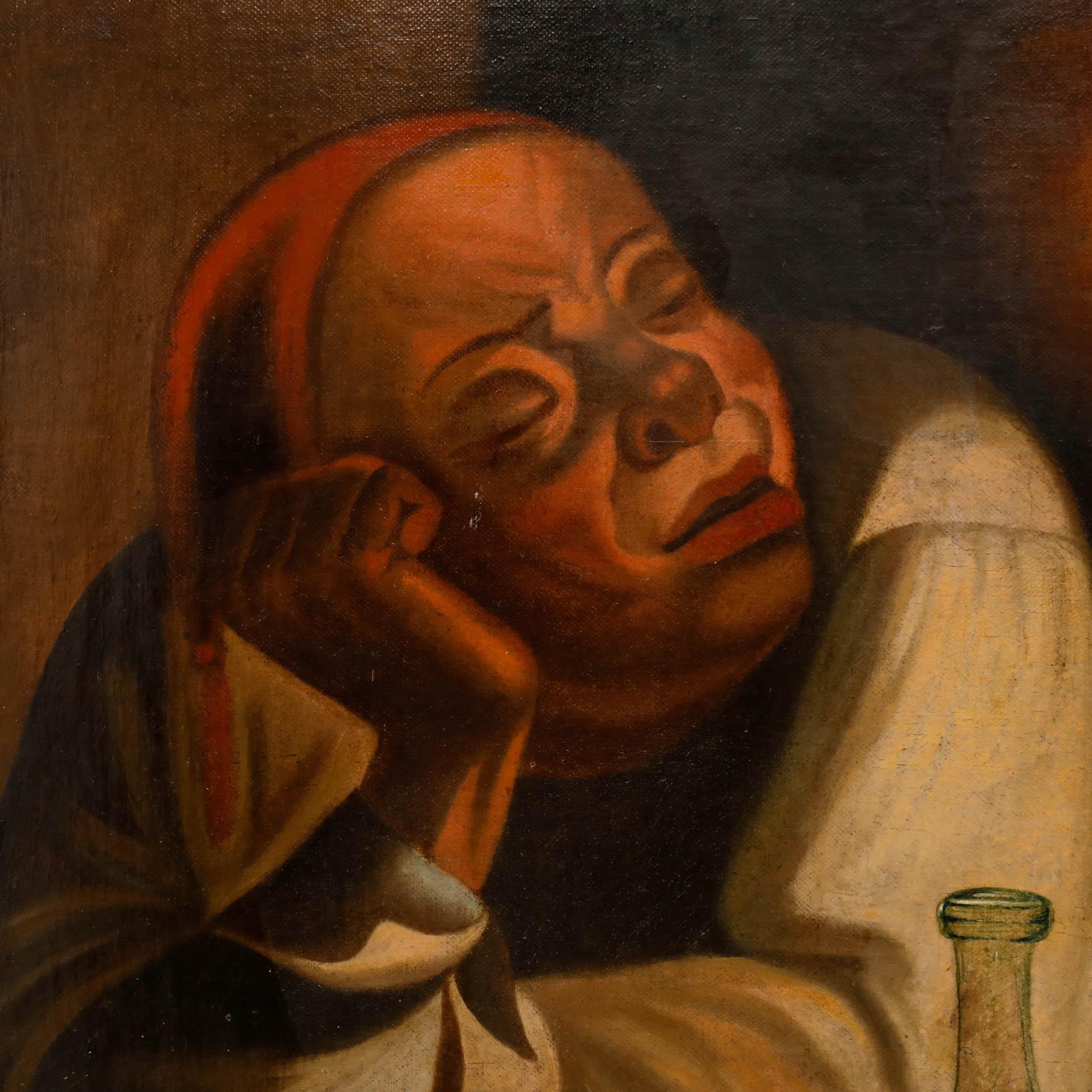 Un'affascinante scena che raffigura due figure a lume di candela. Uno dorme sul tavolo mentre l'altro usa la luce della candela per accendere il suo sigaro. L'artista utilizza una tecnica di chiaroscuro per mostrare la drammatica distinzione tra