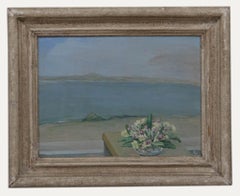 Huile du début du 20e siècle - Vue côtière avec primevères