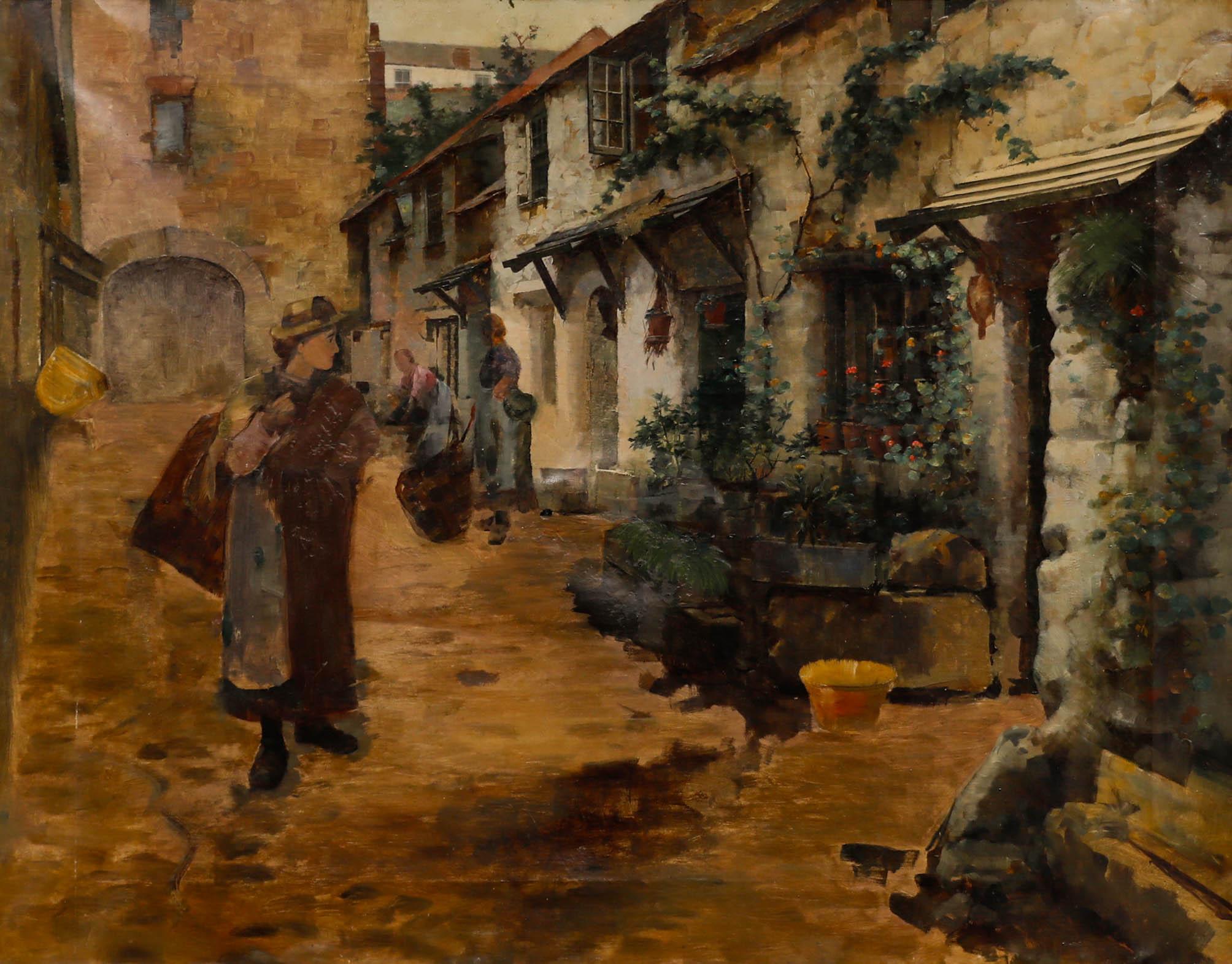 Huile sur toile du début du 20e siècle - Rue pavée continentale - Painting de Unknown