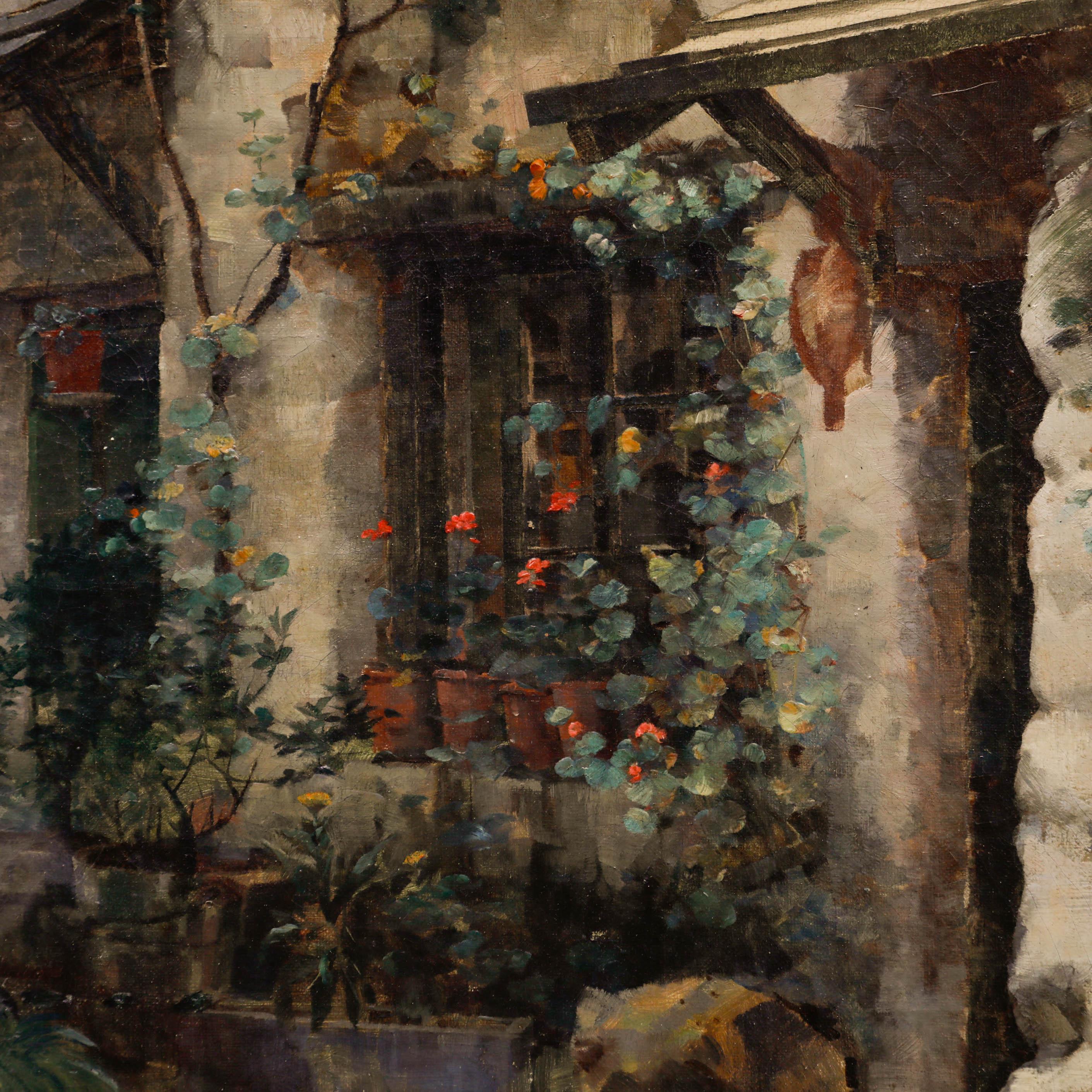 Une scène charmante représentant une rue pavée continentale bordée de chalets et de fleurs. Non signée. Sur toile.