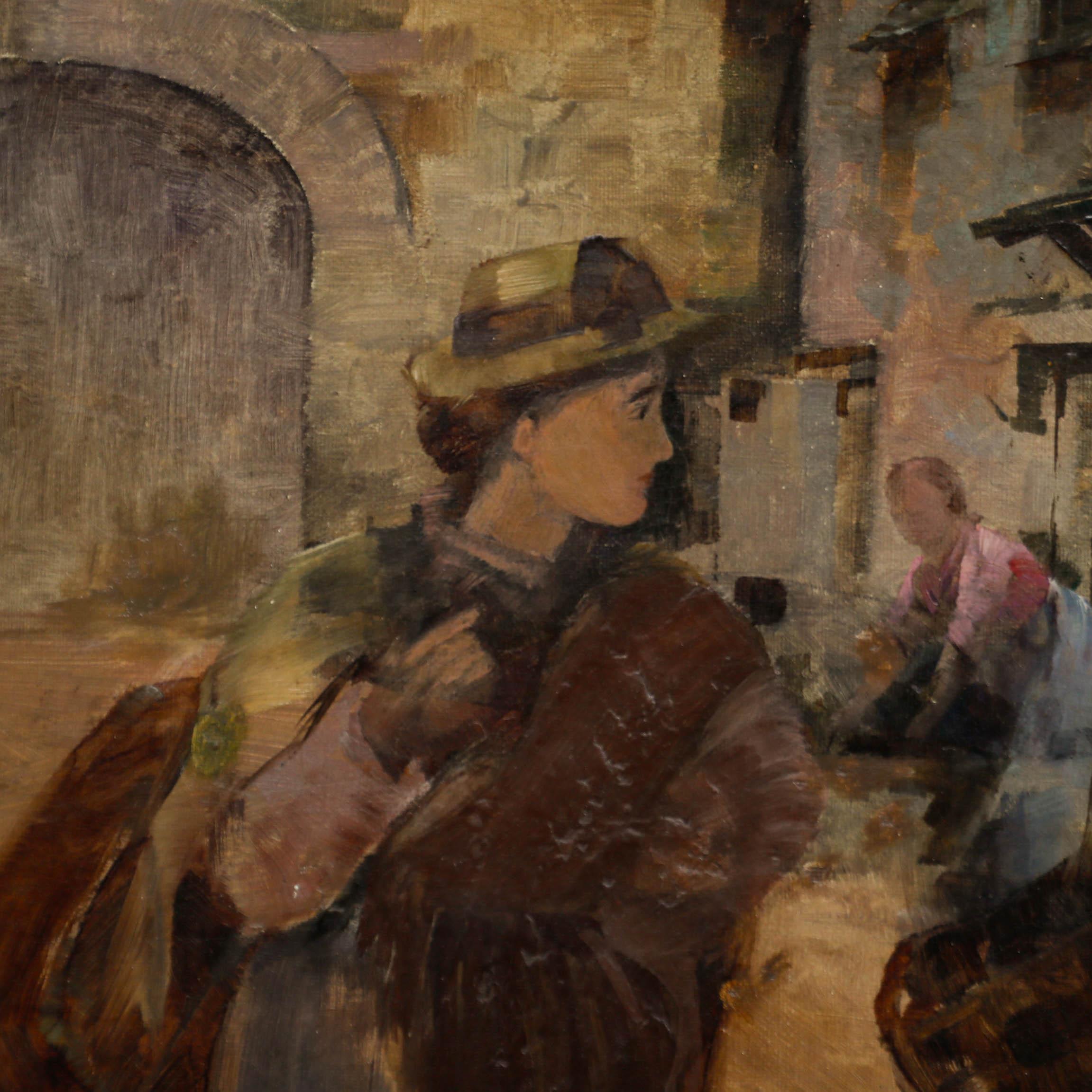 Huile sur toile du début du 20e siècle - Rue pavée continentale en vente 1