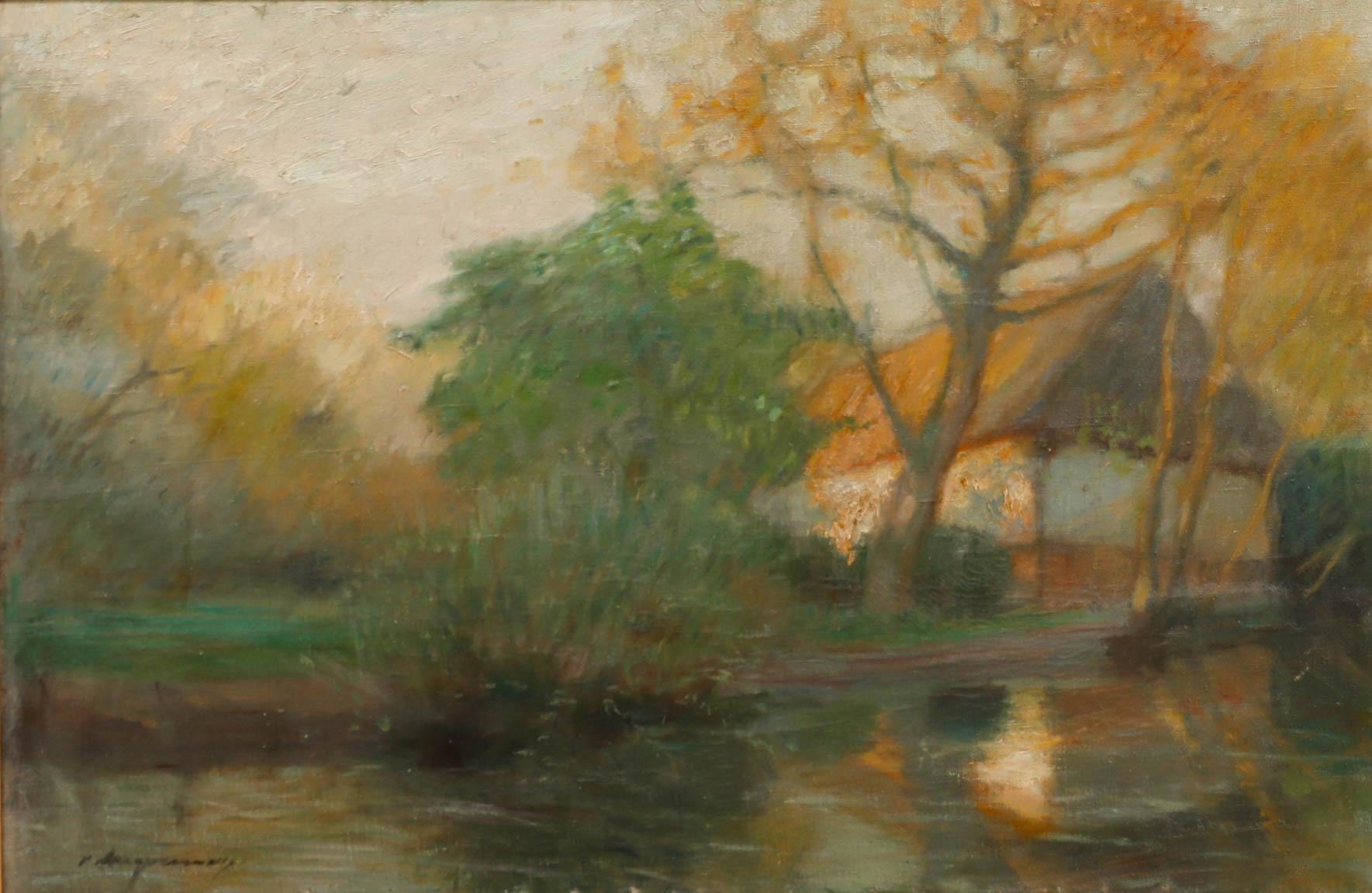 Olio dei primi del Novecento - Cottage al crepuscolo - Painting di Unknown
