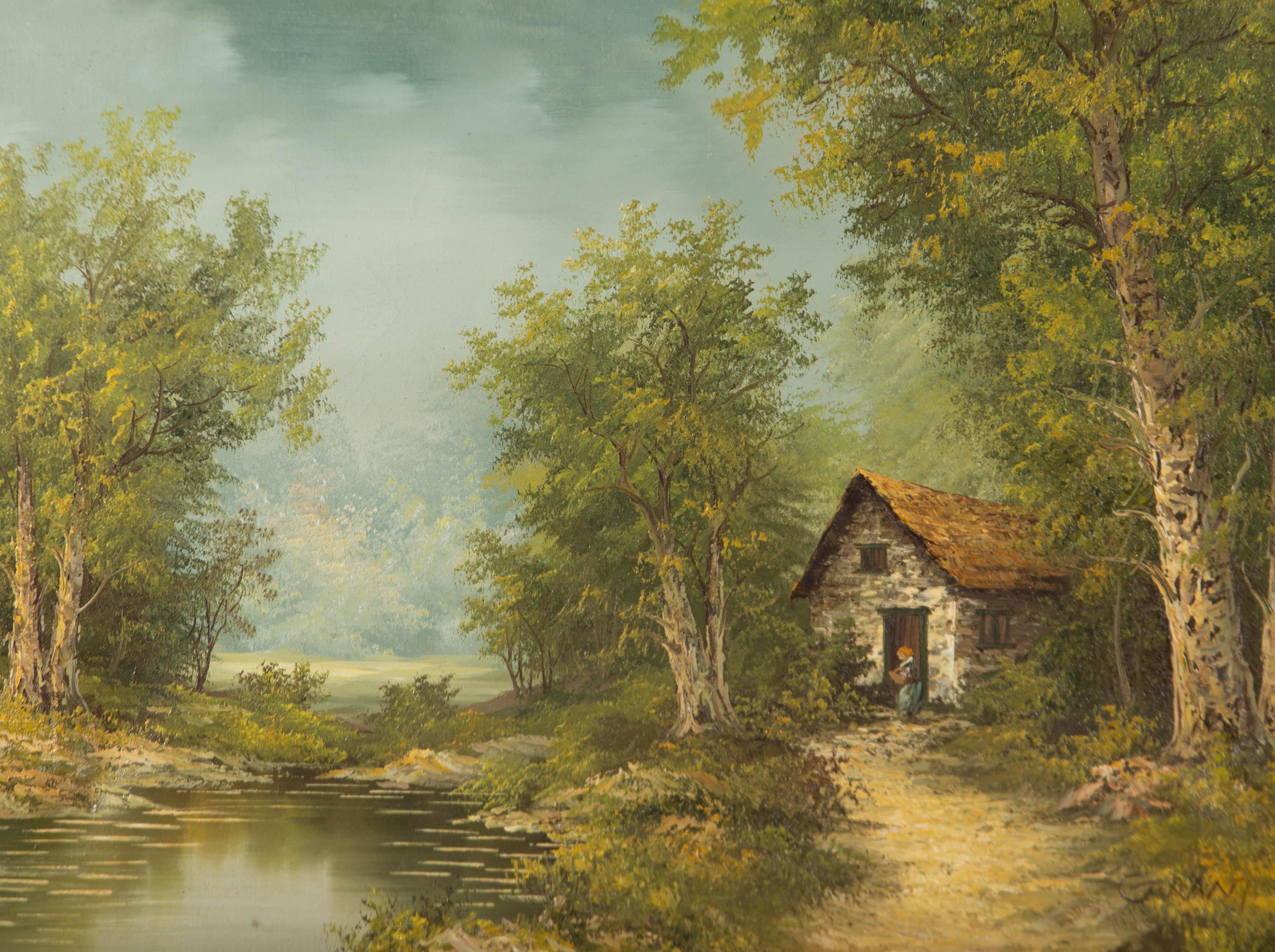 Early 20th Century Oil - Cottage By A Woodland Pond - Painting by Unknown