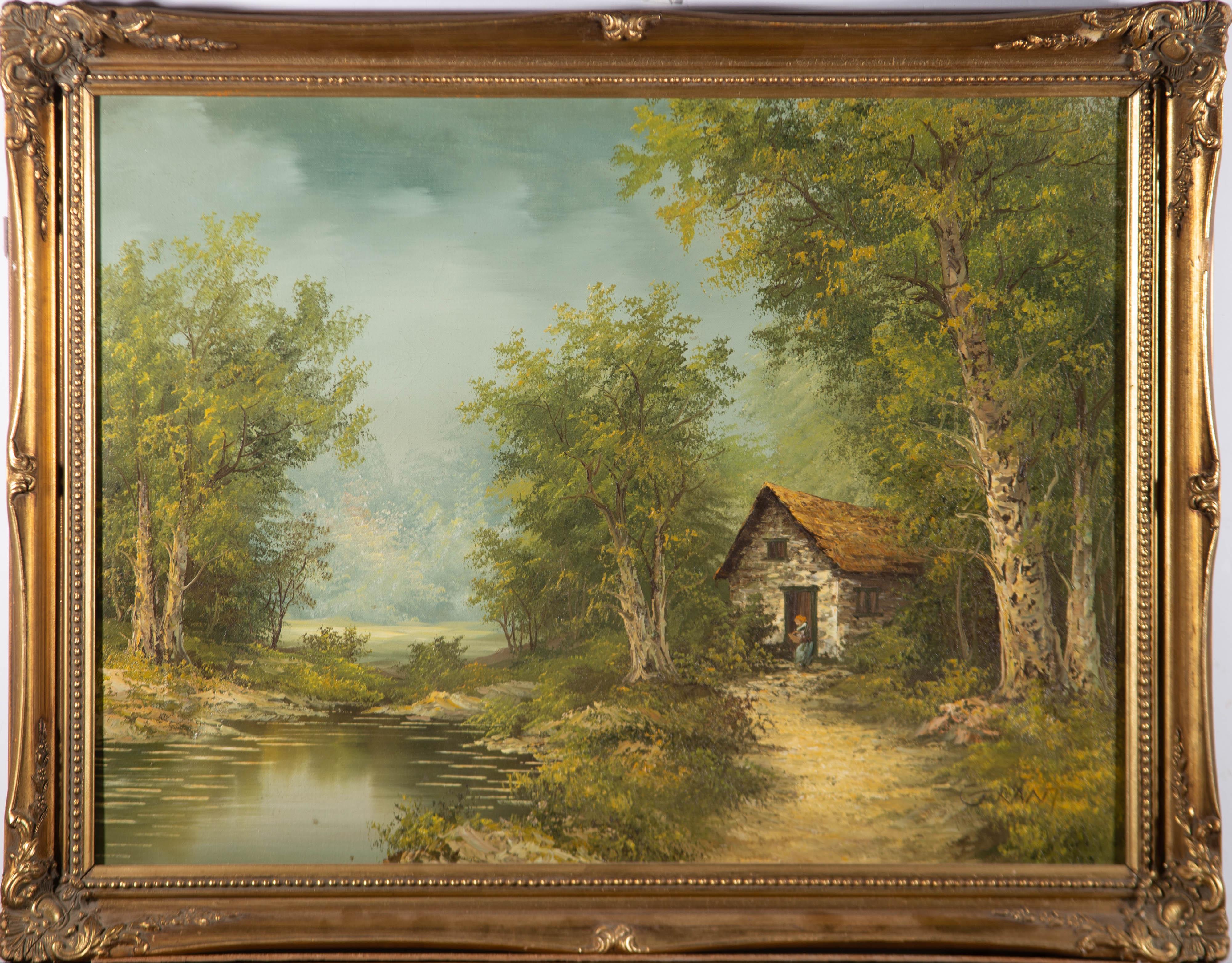 Unknown Landscape Painting - Early 20th Century Oil - Cottage By A Woodland Pond