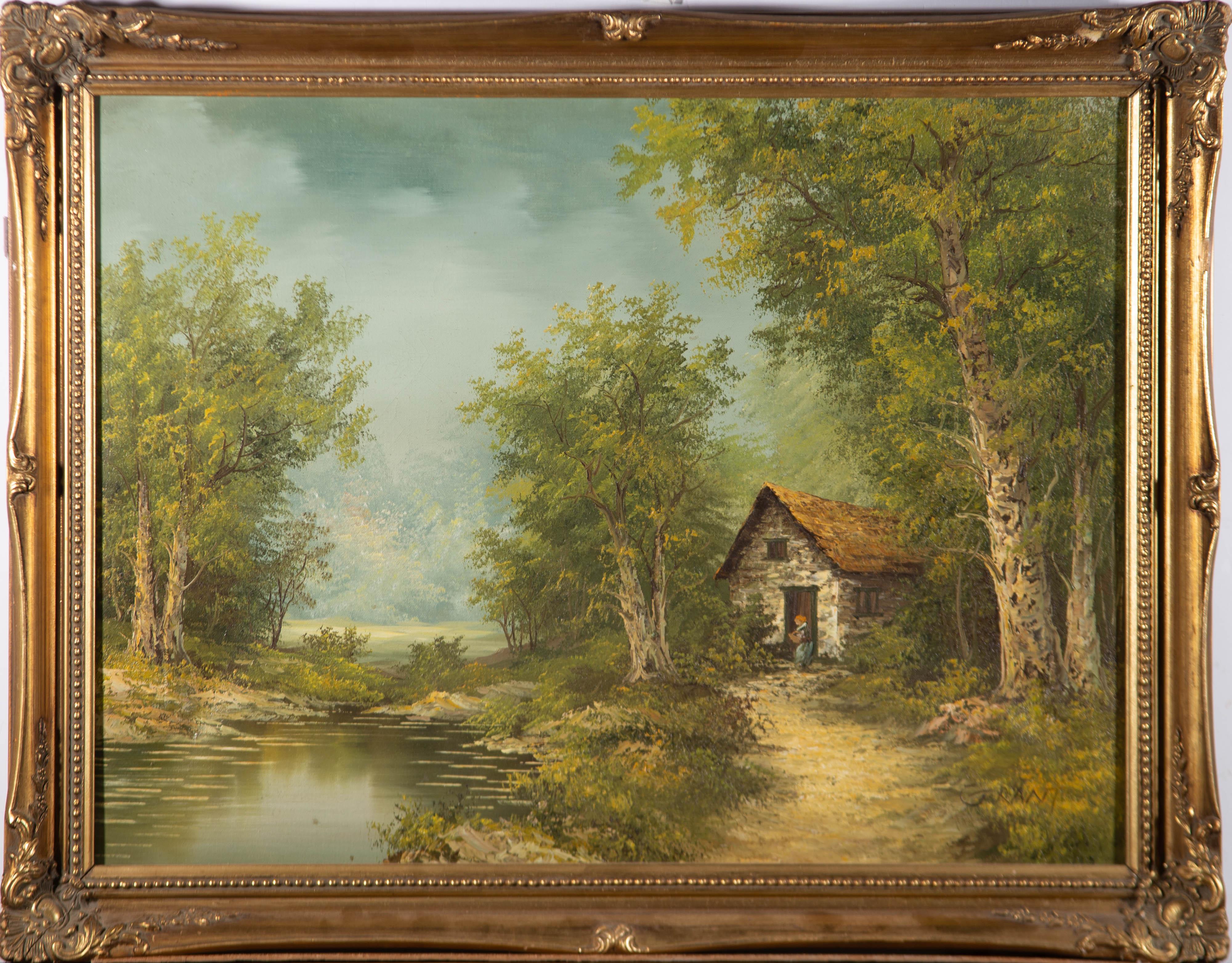 Landscape Painting di Unknown - Olio dell'inizio del XX secolo - Cottage vicino a uno stagno di bosco