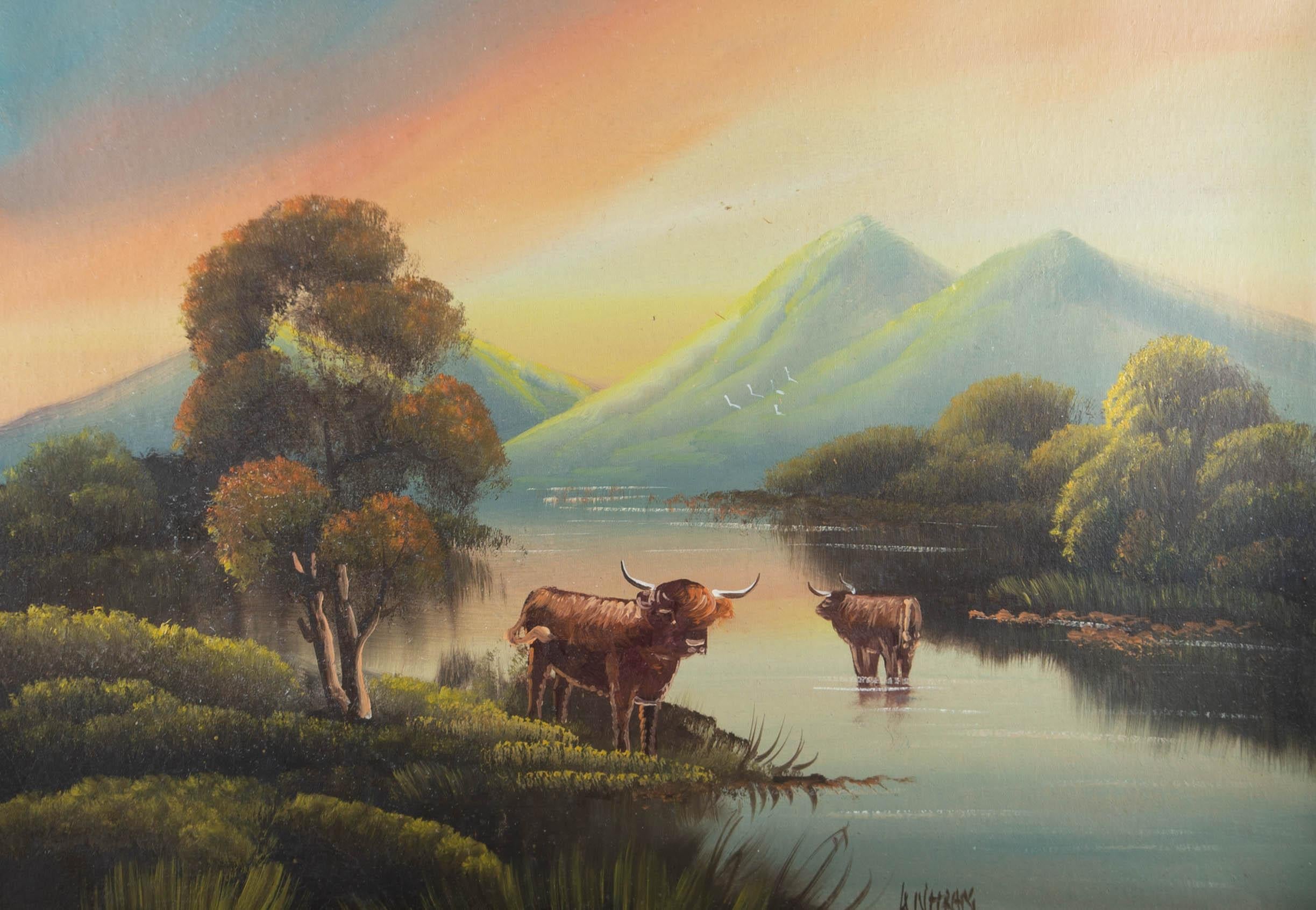Unknown Landscape Painting - Early 20th Century Oil - Cows In The Shallows