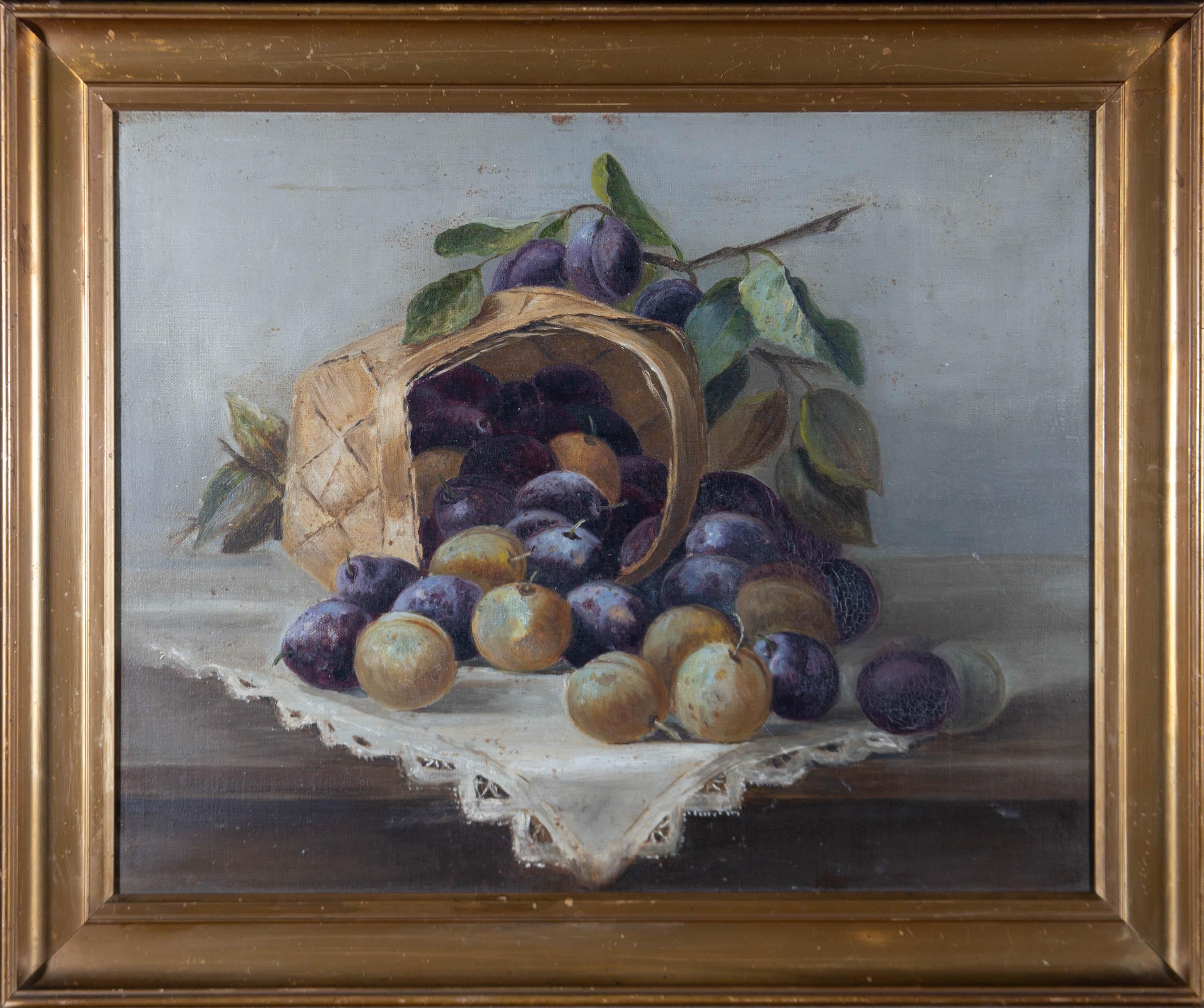 Unknown Still-Life Painting - Early 20th Century Oil - Damsons And Mirabelle Plums