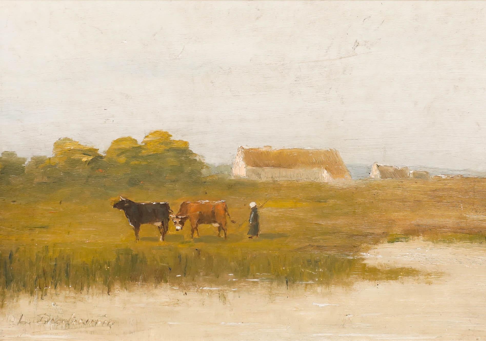 Huile du début du 20e siècle - Bouvier et bétail - Painting de Unknown