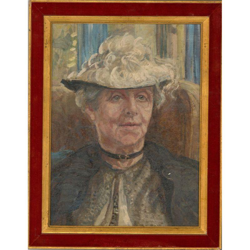 A fine oil portrait of a well dressed, Edwardian lady with a delicate lace hat and black choker necklace. The painting is unsigned and presented in a red velvet and gilt frame. The painting has been fully relined. On canvas.
