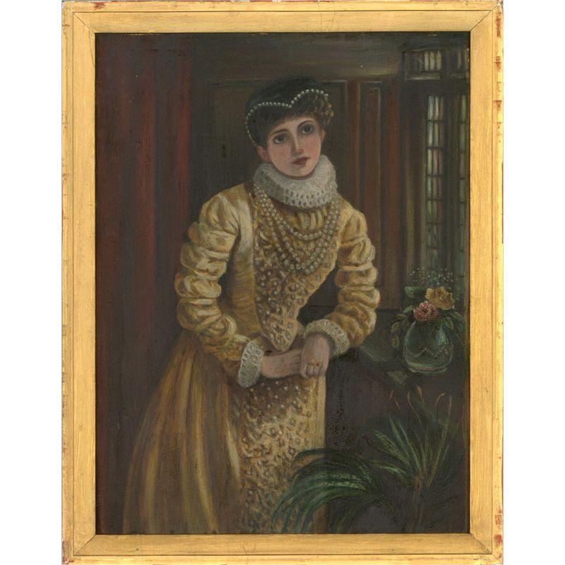 A fine early 20th Century oil showing a beautiful woman in Elizabethan dress, standing, looking wistfully out a window, surrounded by plants and flowers. The painting is unsigned on board and presented in a gilt slip. On board.
