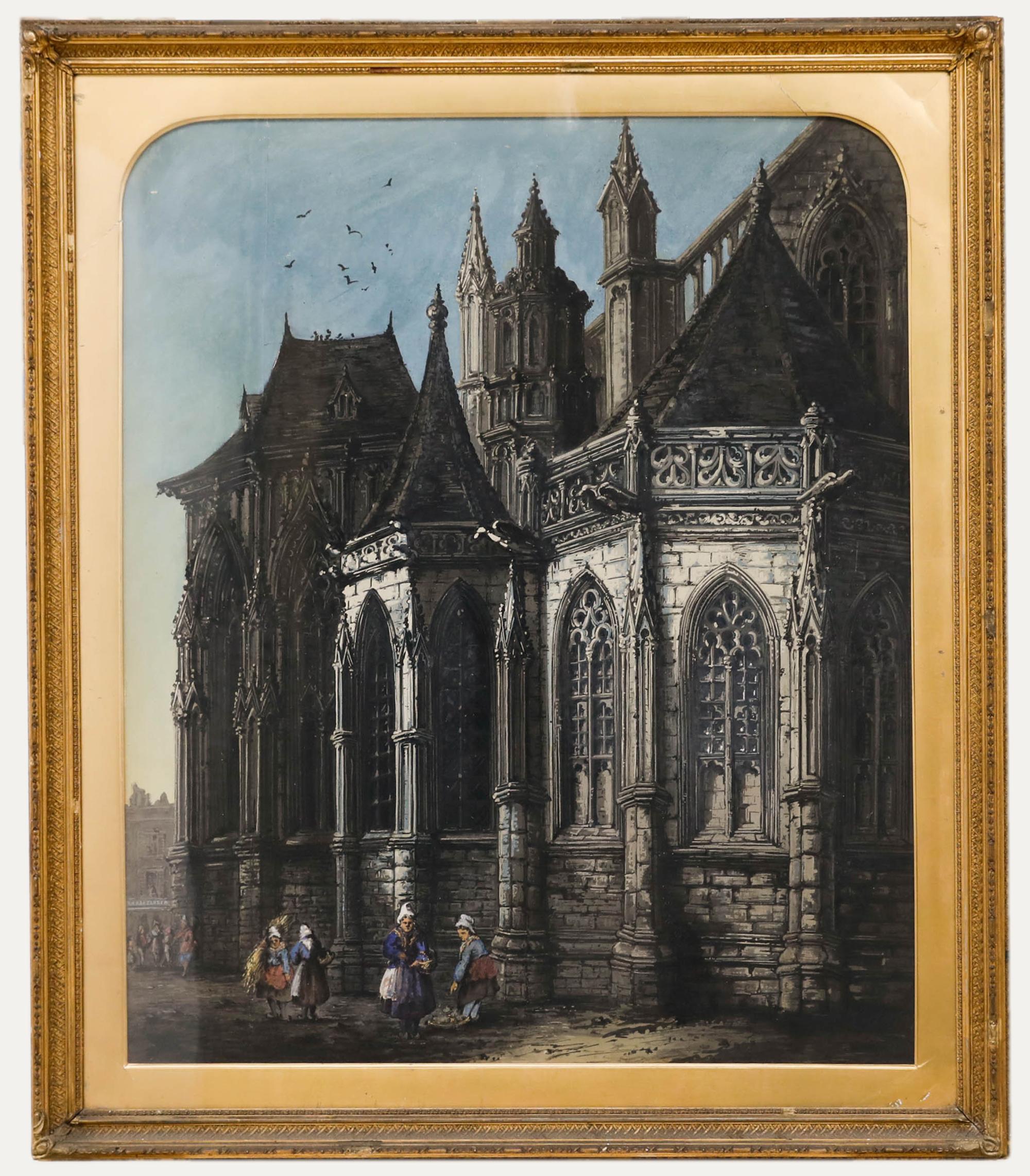 Landscape Painting Unknown - Early 20th Century Oil - French Gothic Cathedral