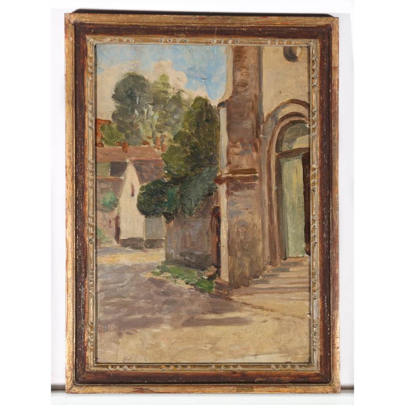 Frühes 20. Jahrhundert Öl - Französische Straßenszene (Braun), Landscape Painting, von Unknown