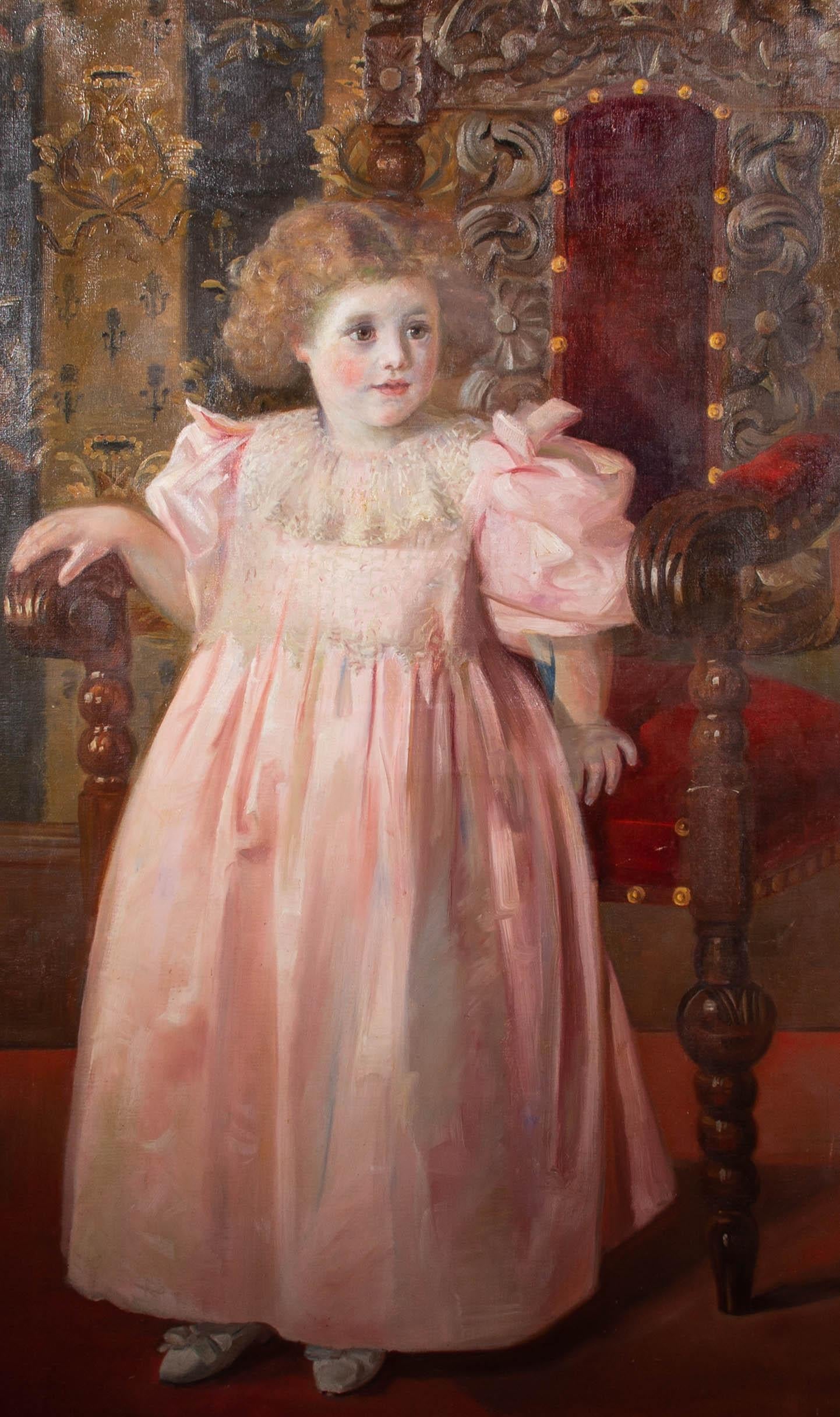 Early 20th Century Oil - Girl in Pink Dress - Painting by Unknown
