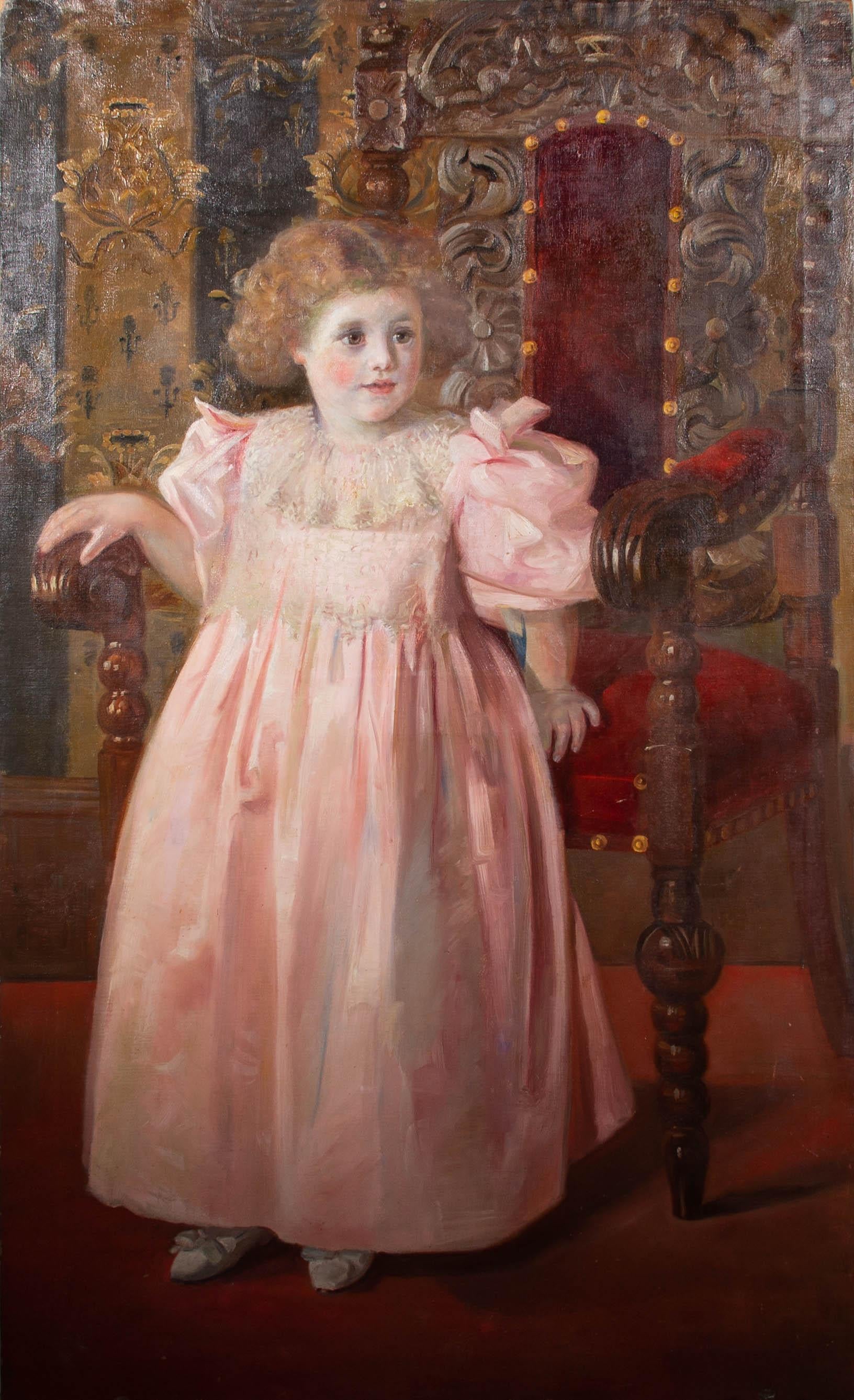 Unknown Portrait Painting - Early 20th Century Oil - Girl in Pink Dress