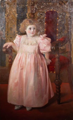 Vintage Early 20th Century Oil - Girl in Pink Dress